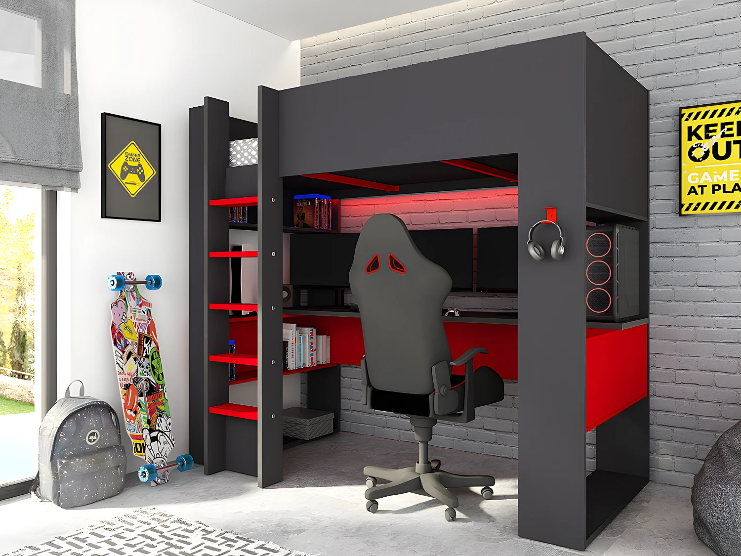 Łóżko z antresolą gamer NOAH, z biurkiem i ze skrzynią – 90 × 200 cm – z oświetleniem LED – kolor antracytowy i czerwony, w zestawie z materacem 133317