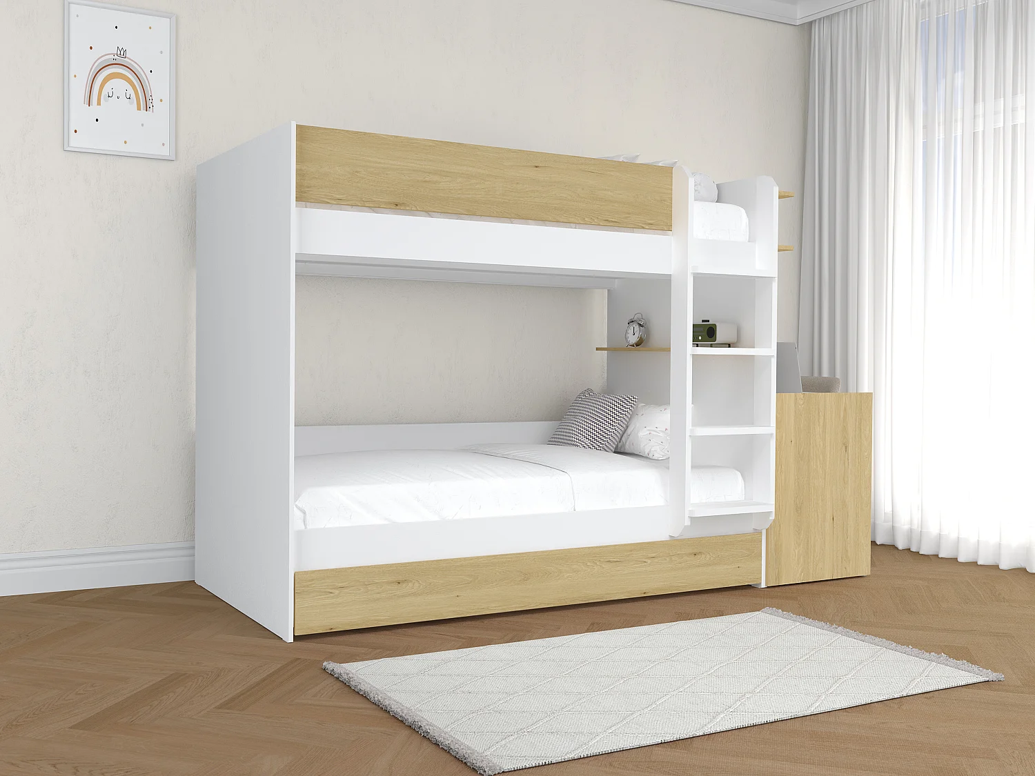 Łóżko piętrowe z wysuwanym posłaniem i 2 biurkami 3 x 90 x 190 cm - Biały i naturalny - DOMATI 3460328 - obrazek 1