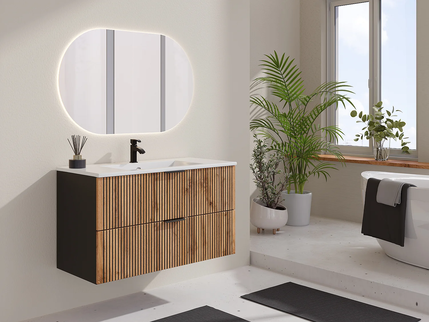 Szafka łazienkowa wisząca z umywalką wpuszczaną w blat – Naturalny jasny i czarny – 100 cm – MADELA 3886210