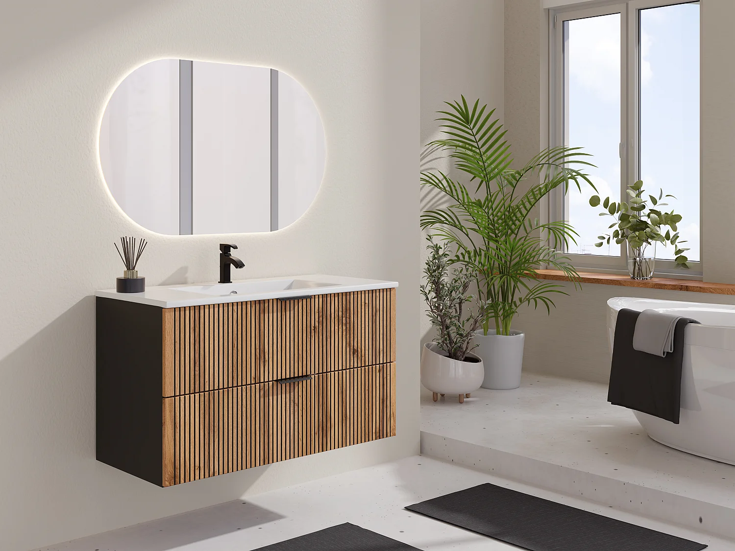 Szafka pod umywalkę wisząca ryflowana – Naturalny jasny i czarny – 100 cm – MADELA 3717537