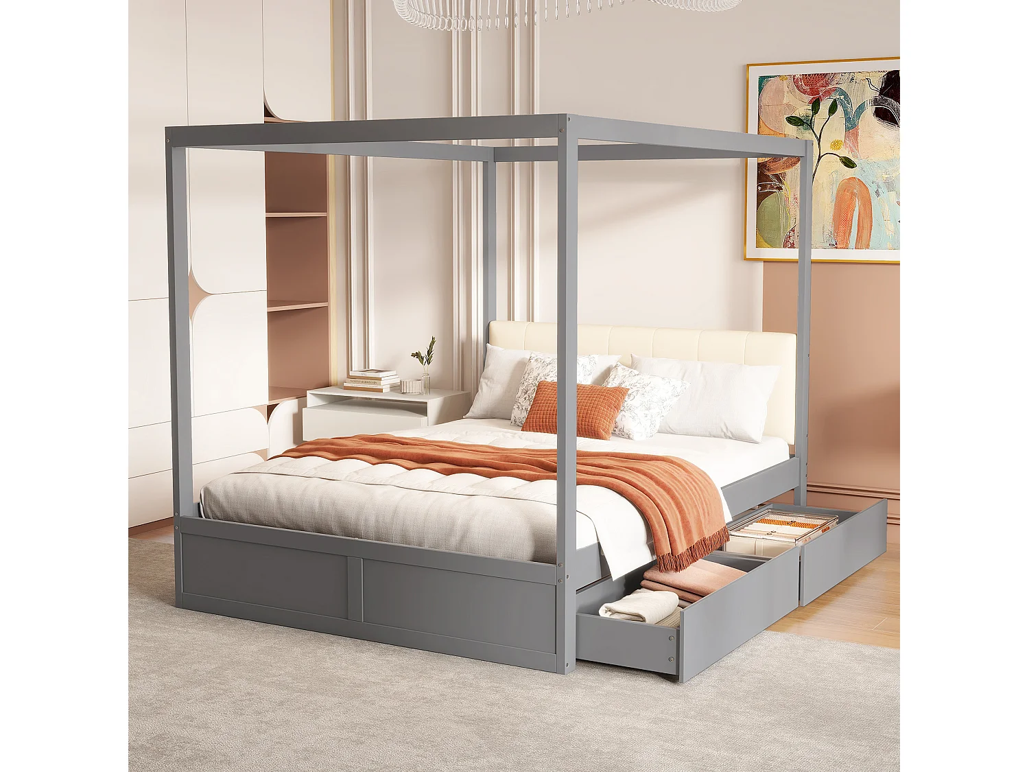 Łóżko z baldachimem 140 x 200 cm z tapicerowanym wezgłowiem i 2 szufladami - Drewno lite + sklejka + MDF - Szare 3957626 - obrazek 1