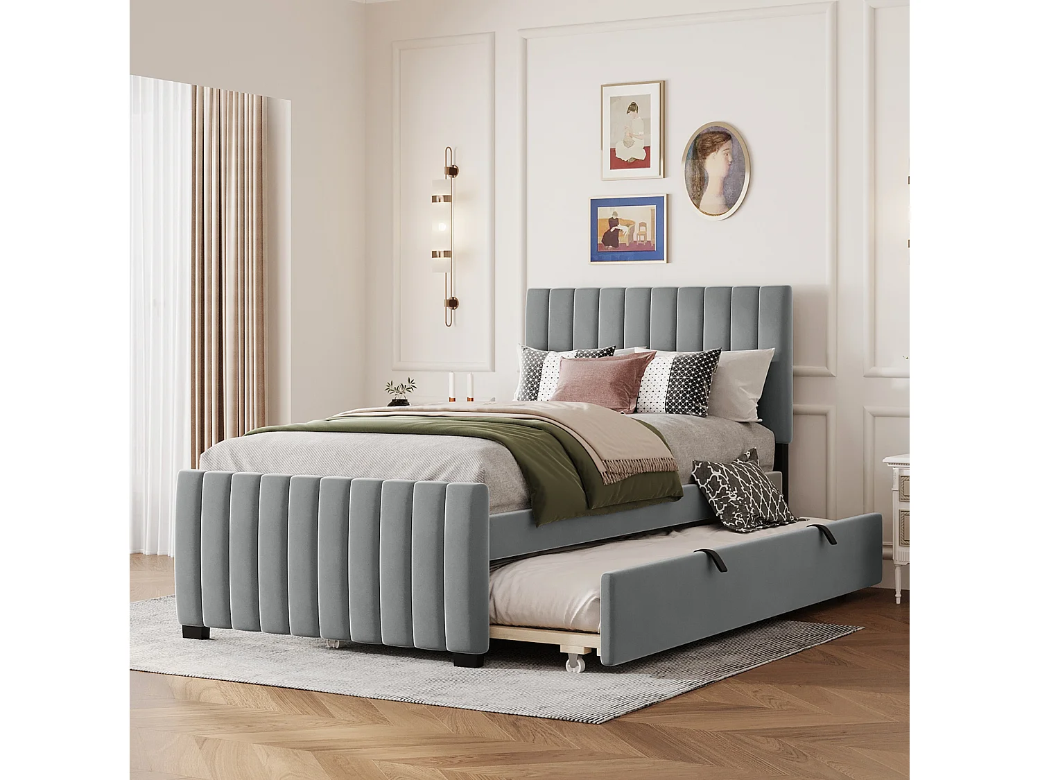 Łóżko wysuwane 2 x 90 x 190 cm z wezgłowiem – Aksamit – dla dzieci – Stelaż z listew w zestawie – Szare 3957644
