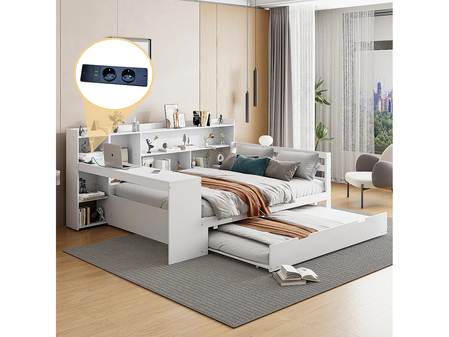 Łóżko wysuwane 140 x 200 cm + 90 x 190 cm - z biurkiem, przegródkami i portami USB - Sosna + sklejka + MDF - Białe 3957642 - obrazek 1