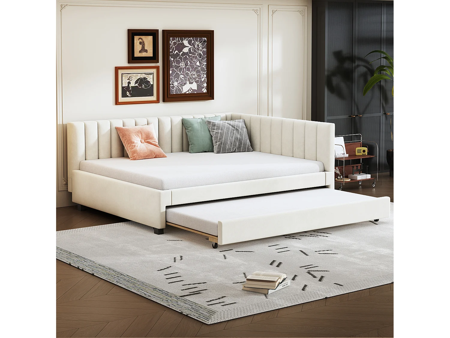 Łóżko wysuwane 140 x 200 cm + 90 x 190 cm z wezgłowiem – Tkanina aksamitna – z listwami – Beżowe 3957647