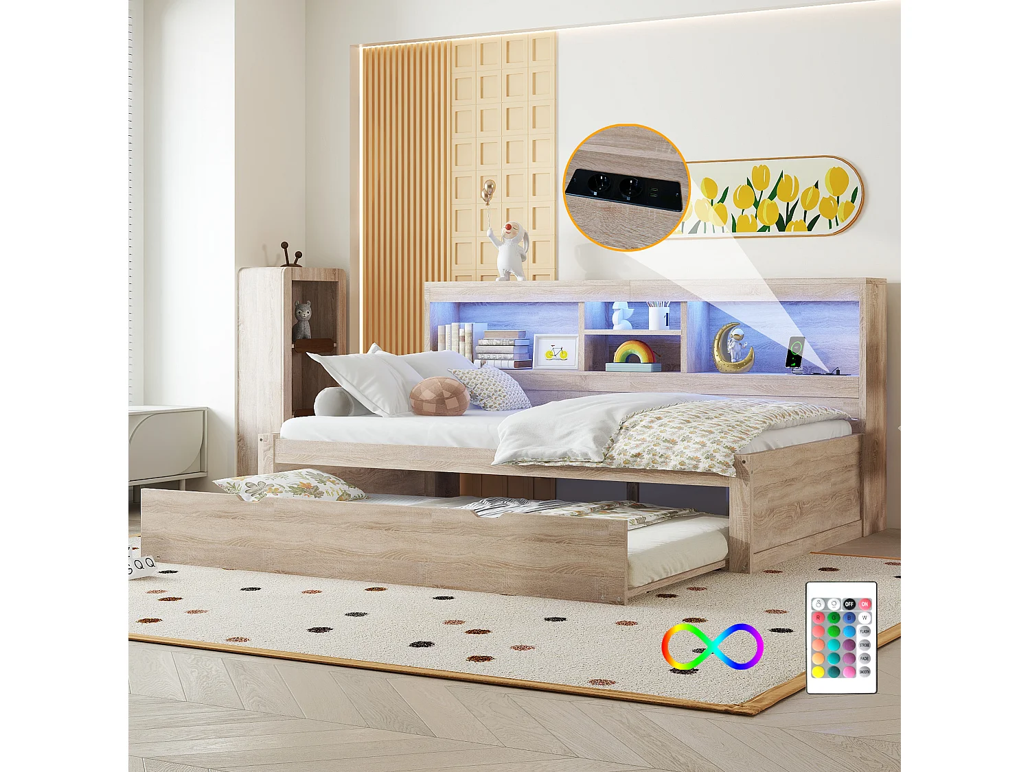 Łóżko wysuwane 90 x 200 cm + 90 x 190 cm z przegródkami i portami USB - LED - Płyta wiórowa + MDF - Naturalne (bez materaca) 3957652 - obrazek 1