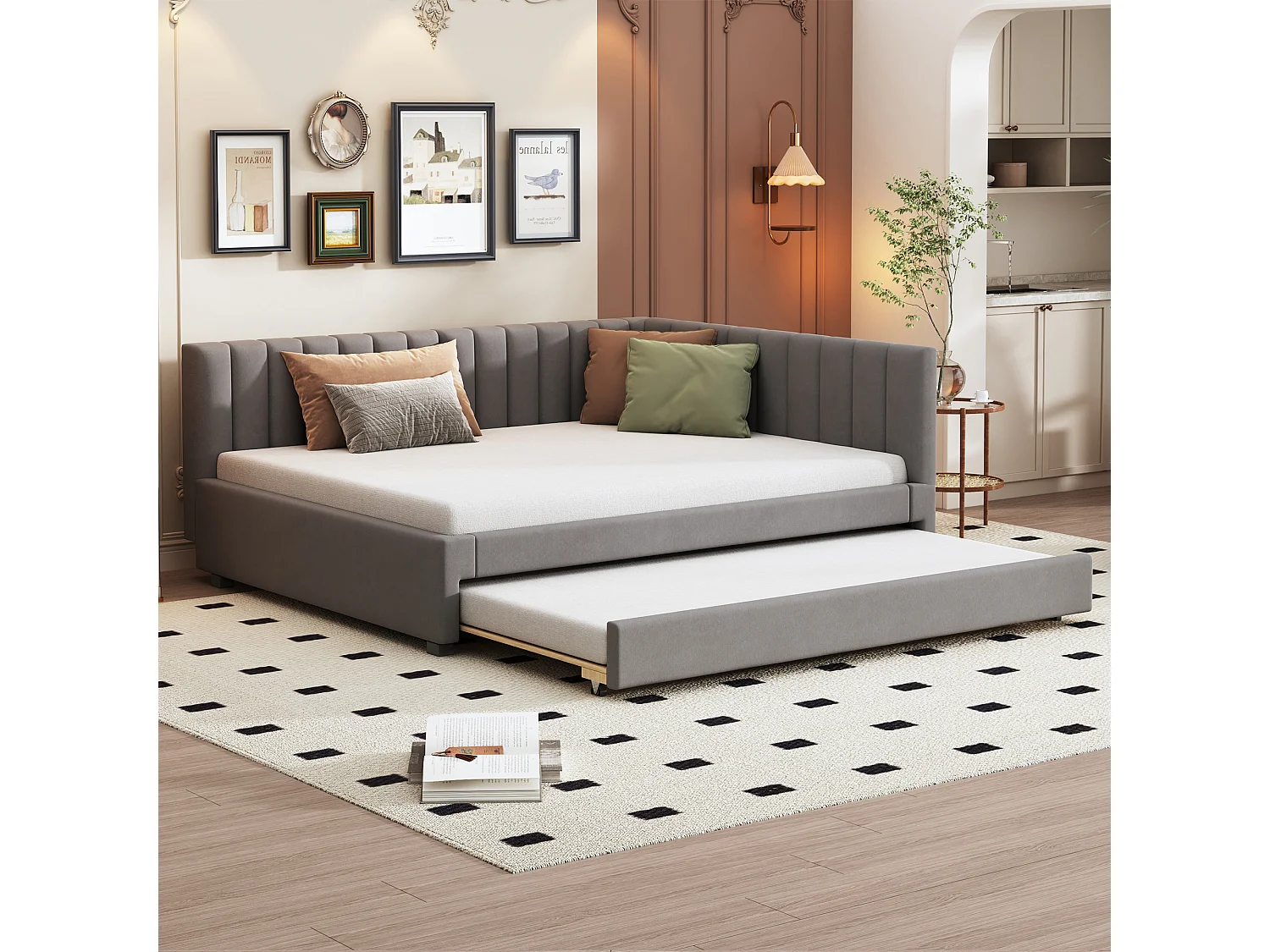 Łóżko wysuwane 140 x 200 cm + 90 x 190 cm z wezgłowiem – Tkanina aksamitna – z listwowym stelażem – Szare 3957649