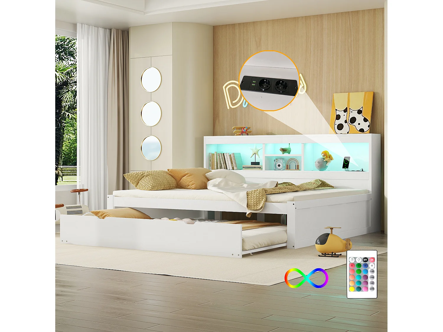 Łóżko wysuwane 140 x 200 cm + 90 x 190 cm z przegródkami i portami USB – LED – Płyta wiórowa + MDF – Białe (bez materaca) 3957655