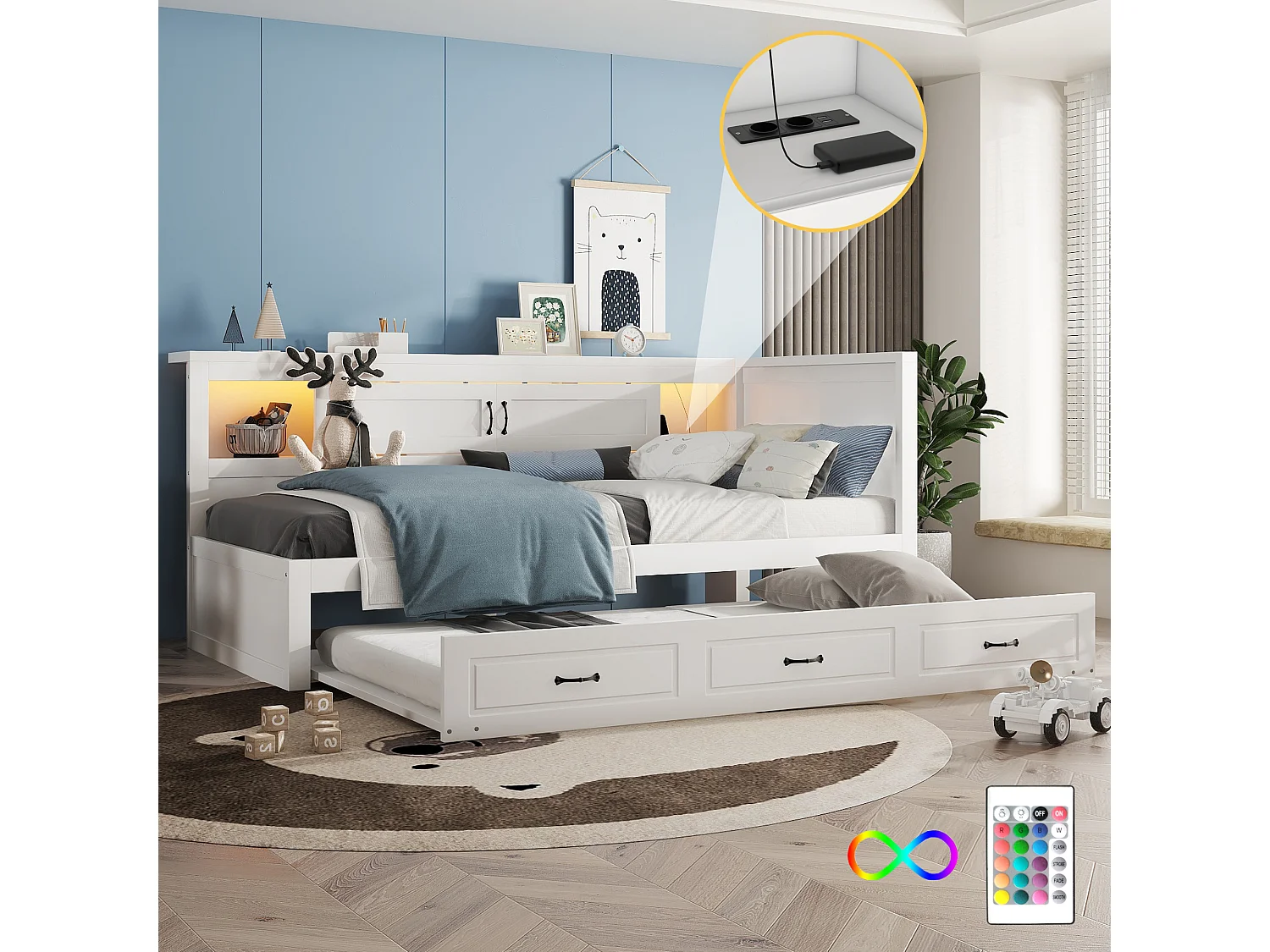 Łóżko wysuwane 90 x 200 cm + 90 x 190 cm z 2 drzwiami przesuwnymi i portami USB - LED - Płyta wiórowa + MDF - Białe (bez materaca) 3957661 - obrazek 1
