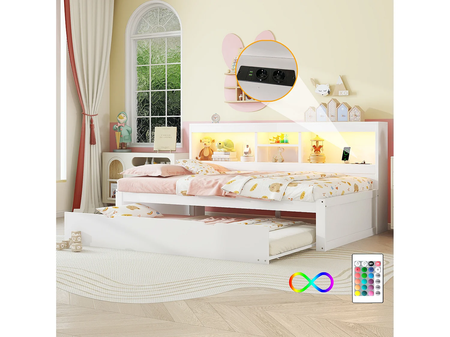 Łóżko wysuwane 90 x 200 cm + 90 x 190 cm z przegródkami i portami USB - LED - Płyta wiórowa + MDF - Białe (bez materaca) 3957663 - obrazek 1
