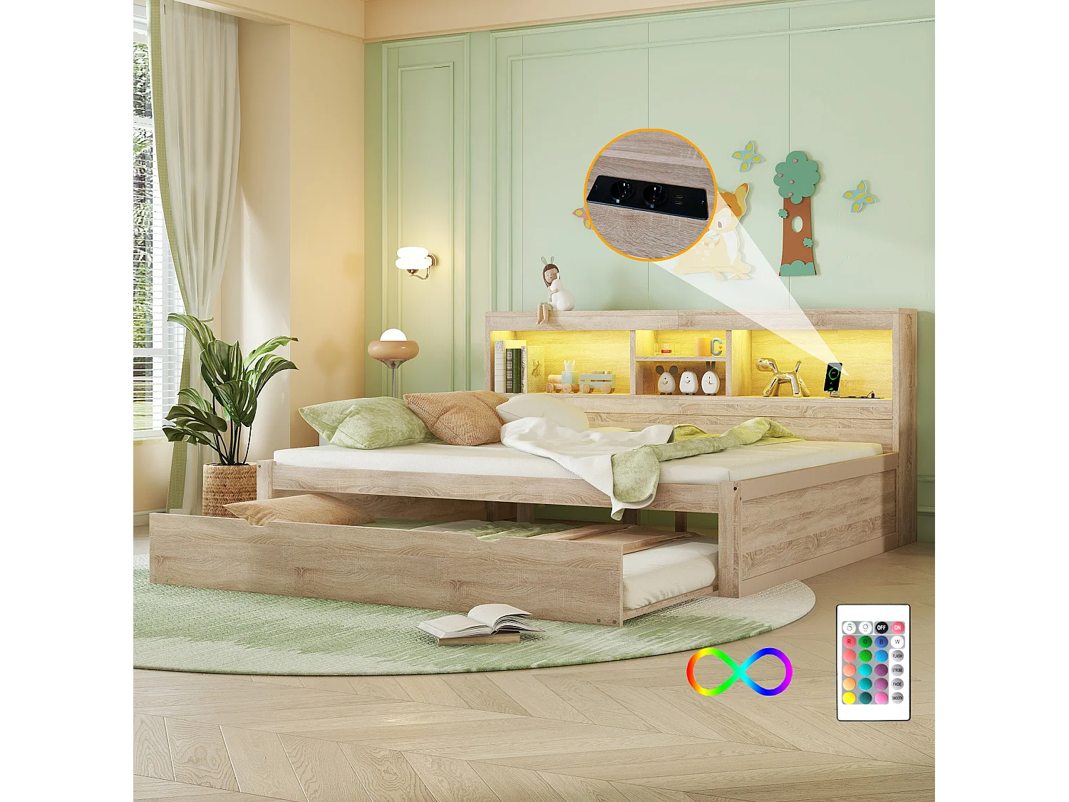 Łóżko wysuwane 140 x 200 cm + 90 x 190 cm z przegródkami i portami USB – LED – Płyta wiórowa + MDF – Naturalne (bez materaca) 3957664