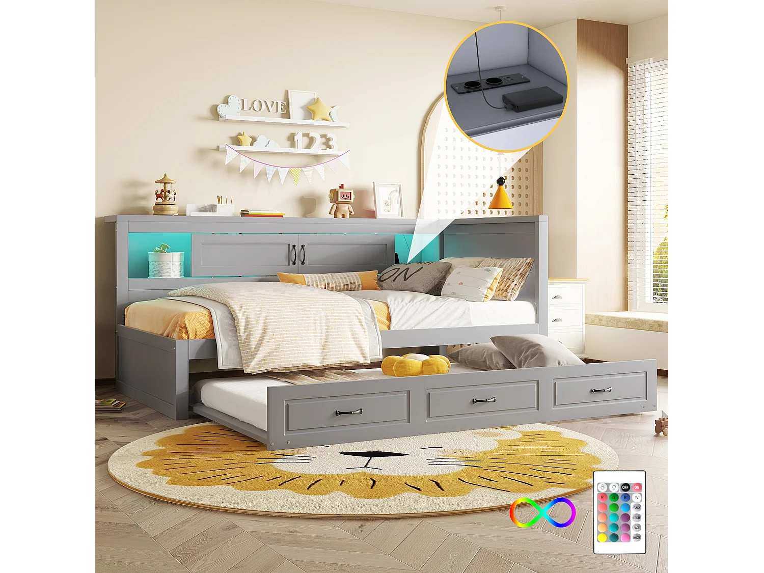 Łóżko wysuwane 90 x 200 cm + 90 x 190 cm z 2 drzwiami przesuwnymi i portami USB - LED - Płyta wiórowa + MDF - Szare (bez materaca) 3957651 - obrazek 1