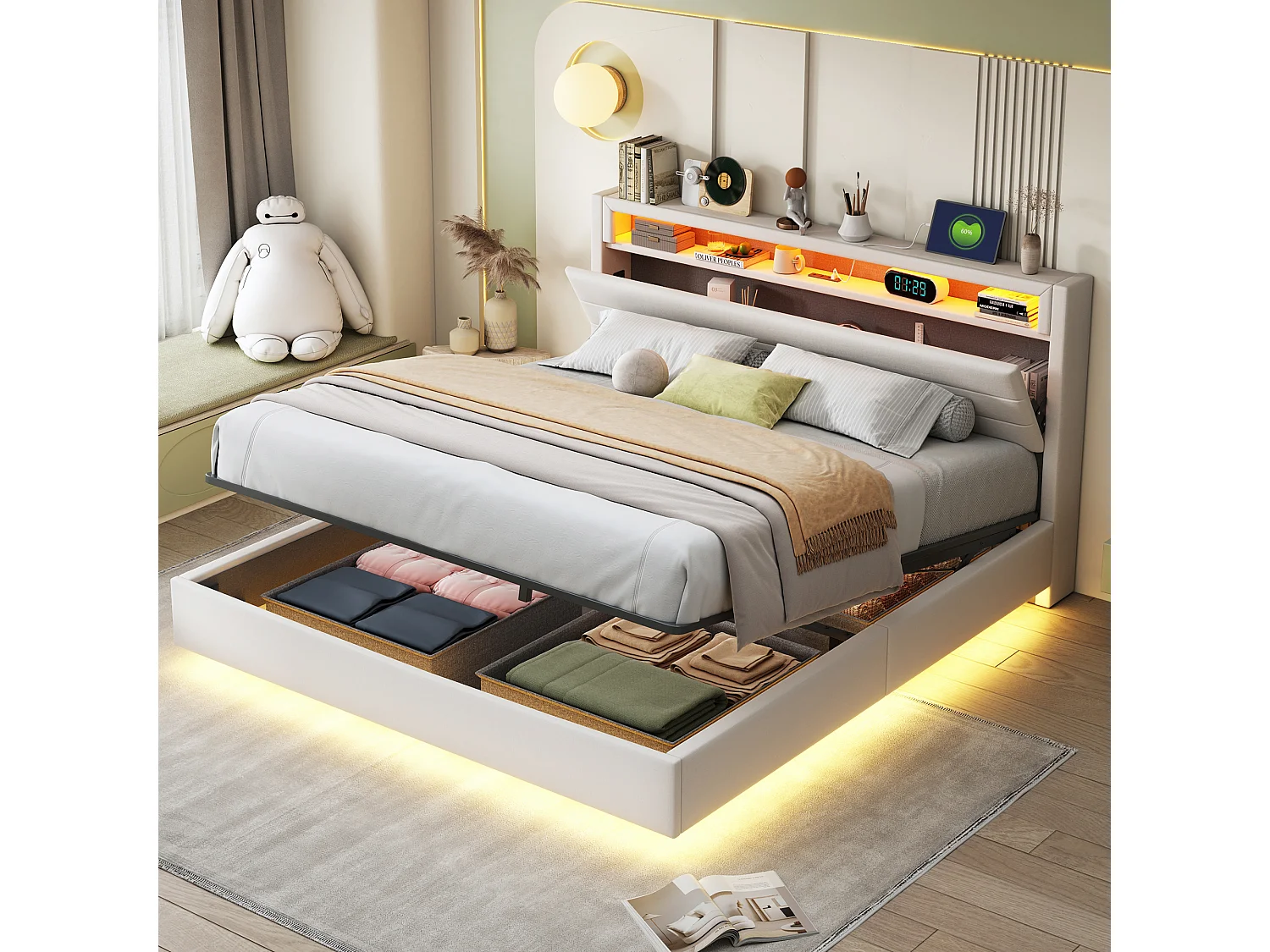 Łóżko ze schowkiem 160 x 200 cm z zagłówkiem i przegródkami - diody LED i port USB - tkanina lniana - beż 3957694 - obrazek 1