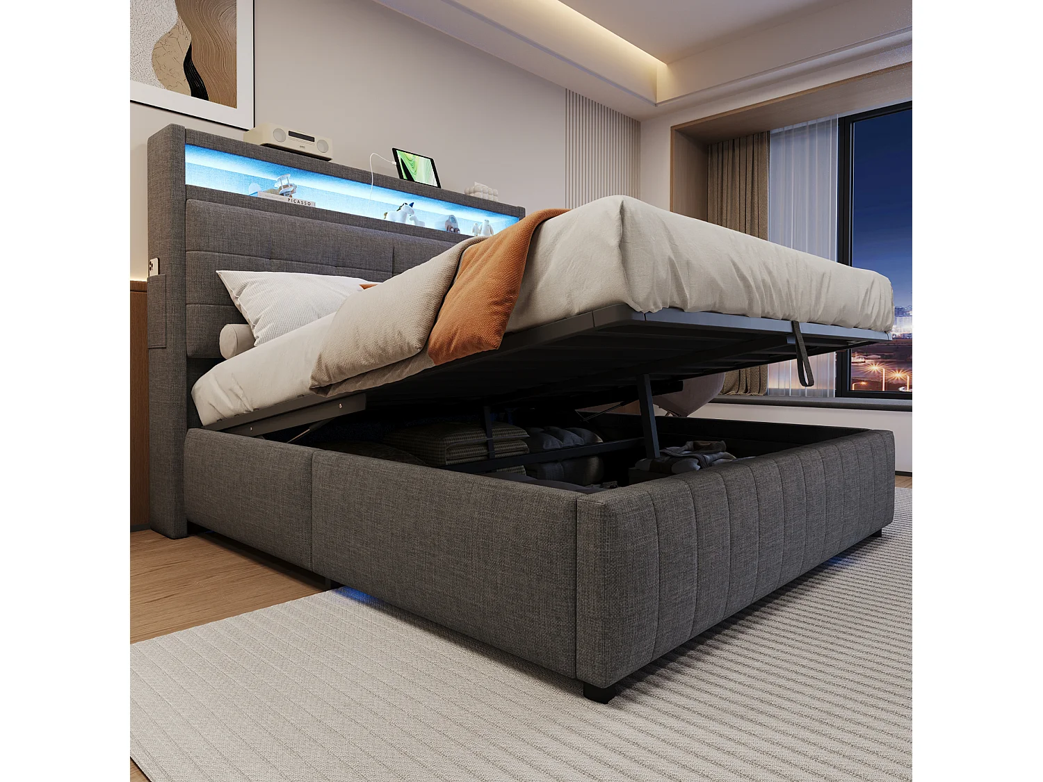 Łóżko ze schowkiem 160 x 200 cm z zagłówkiem i przegródkami - diody LED i port USB - tkanina lniana - szare (bez materaca) 3957705 - obrazek 1