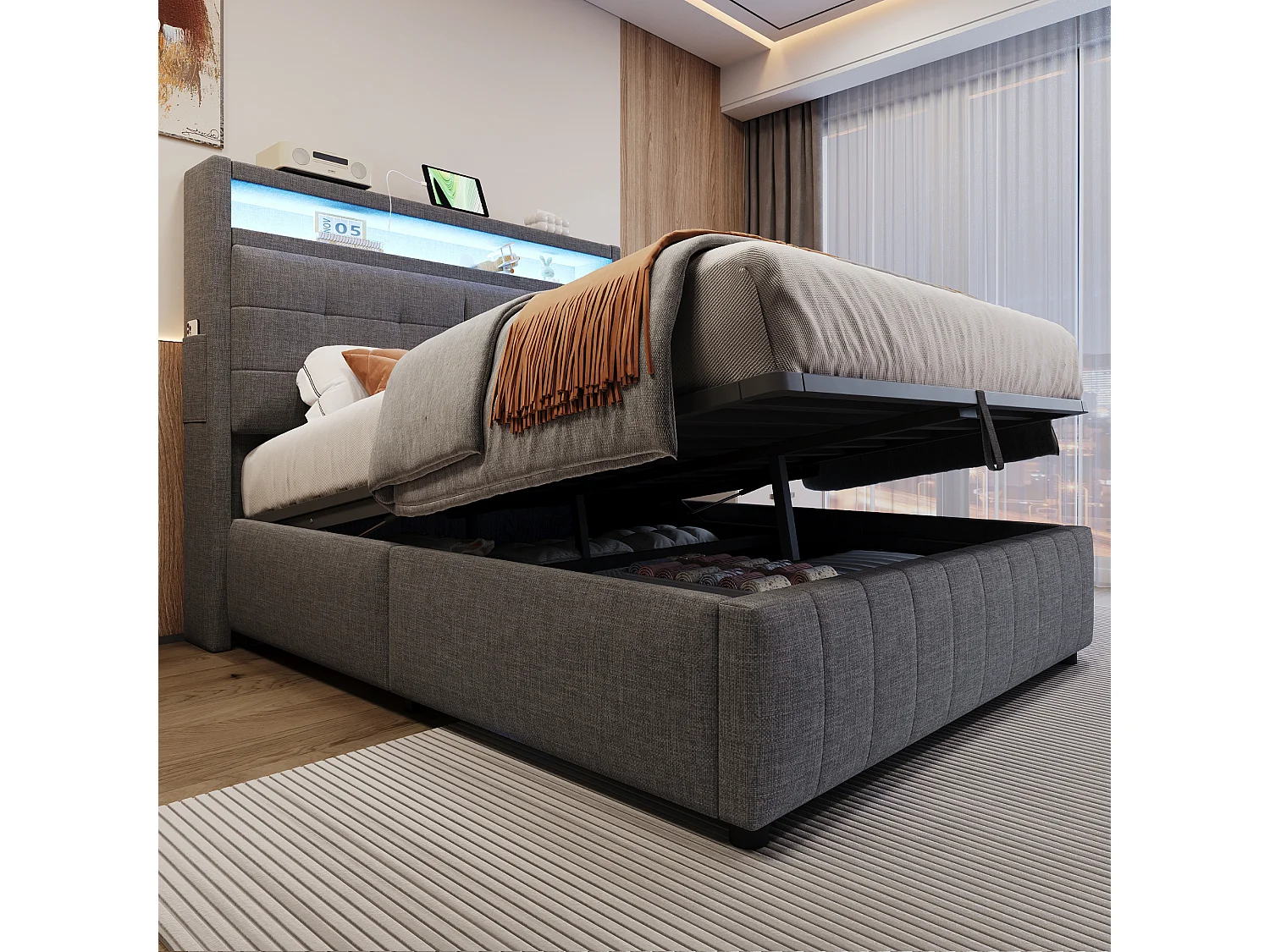 Łóżko ze schowkiem 140 x 200 cm z zagłówkiem i przegródkami - diody LED i port USB - tkanina lniana - szare (bez materaca) 3957718 - obrazek 1