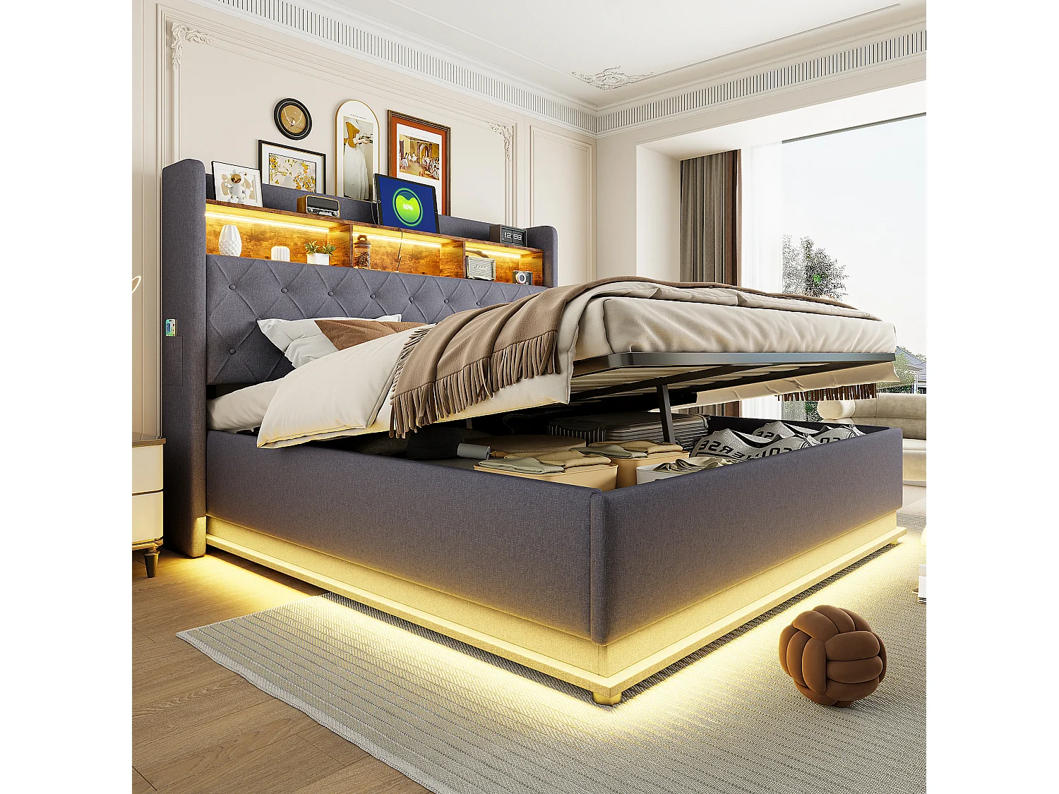 Łóżko z pojemnikiem 180 x 200 cm i zagłówkiem ze schowkiem - ładowanie USB i diody LED - tkanina lniana - szary 3957699 - obrazek 1