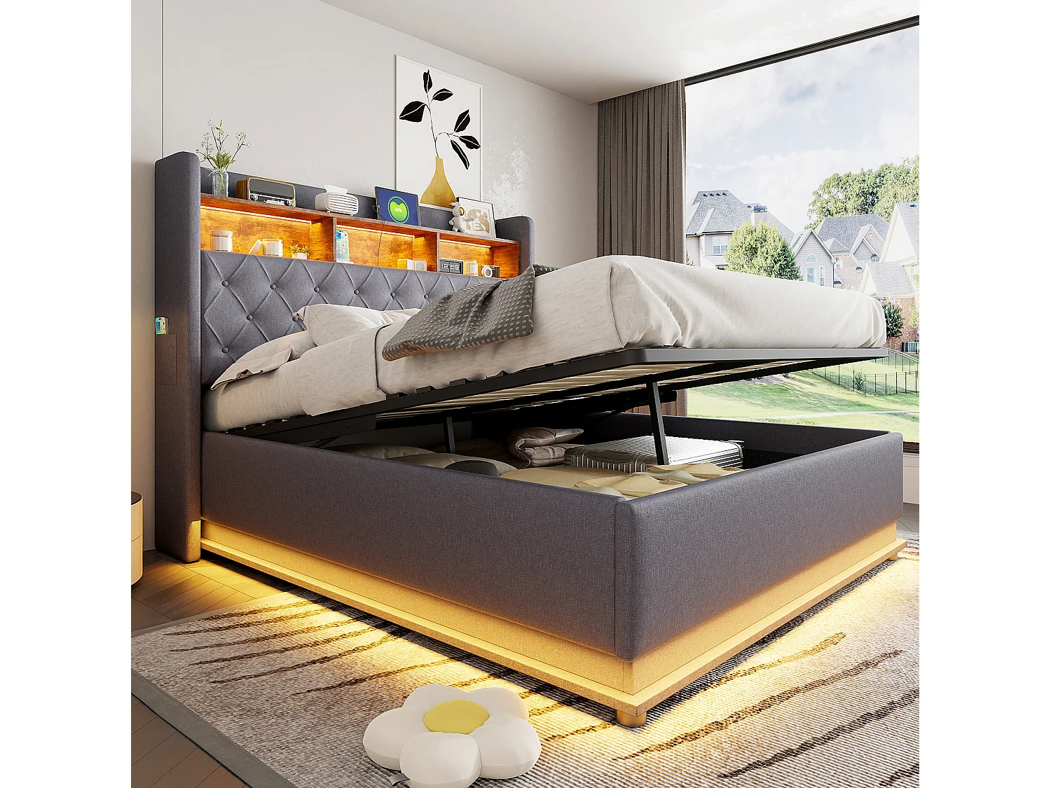 Łóżko z pojemnikiem 160 x 200 cm i zagłówkiem ze schowkiem - ładowanie USB i diody LED - tkanina lniana - szary 3957716 - obrazek 1