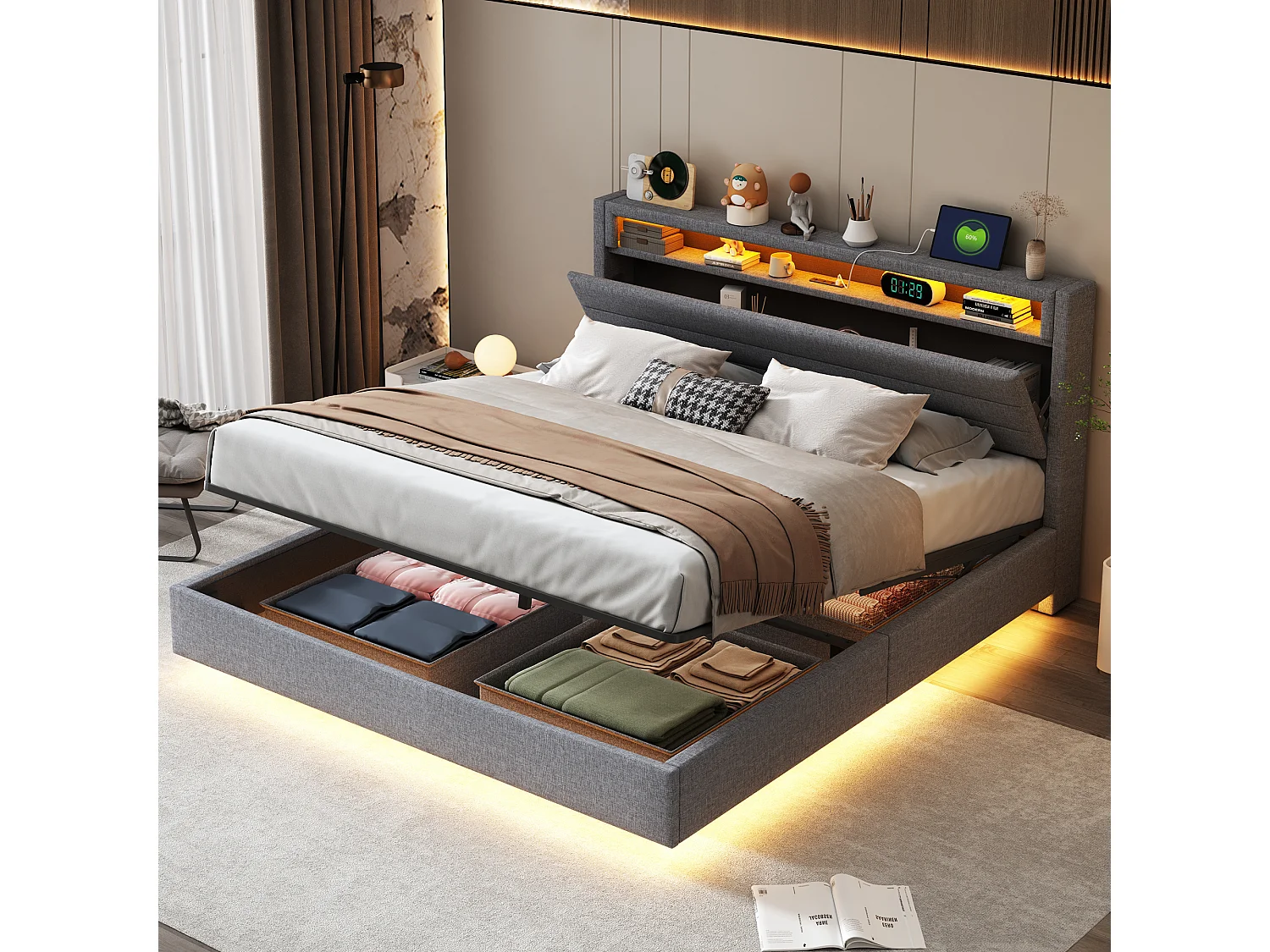 Łóżko z pojemnikiem 160 x 200 cm z zagłówkiem i przegródkami - diody LED i port USB - tkanina lniana - szara 3957721 - obrazek 1