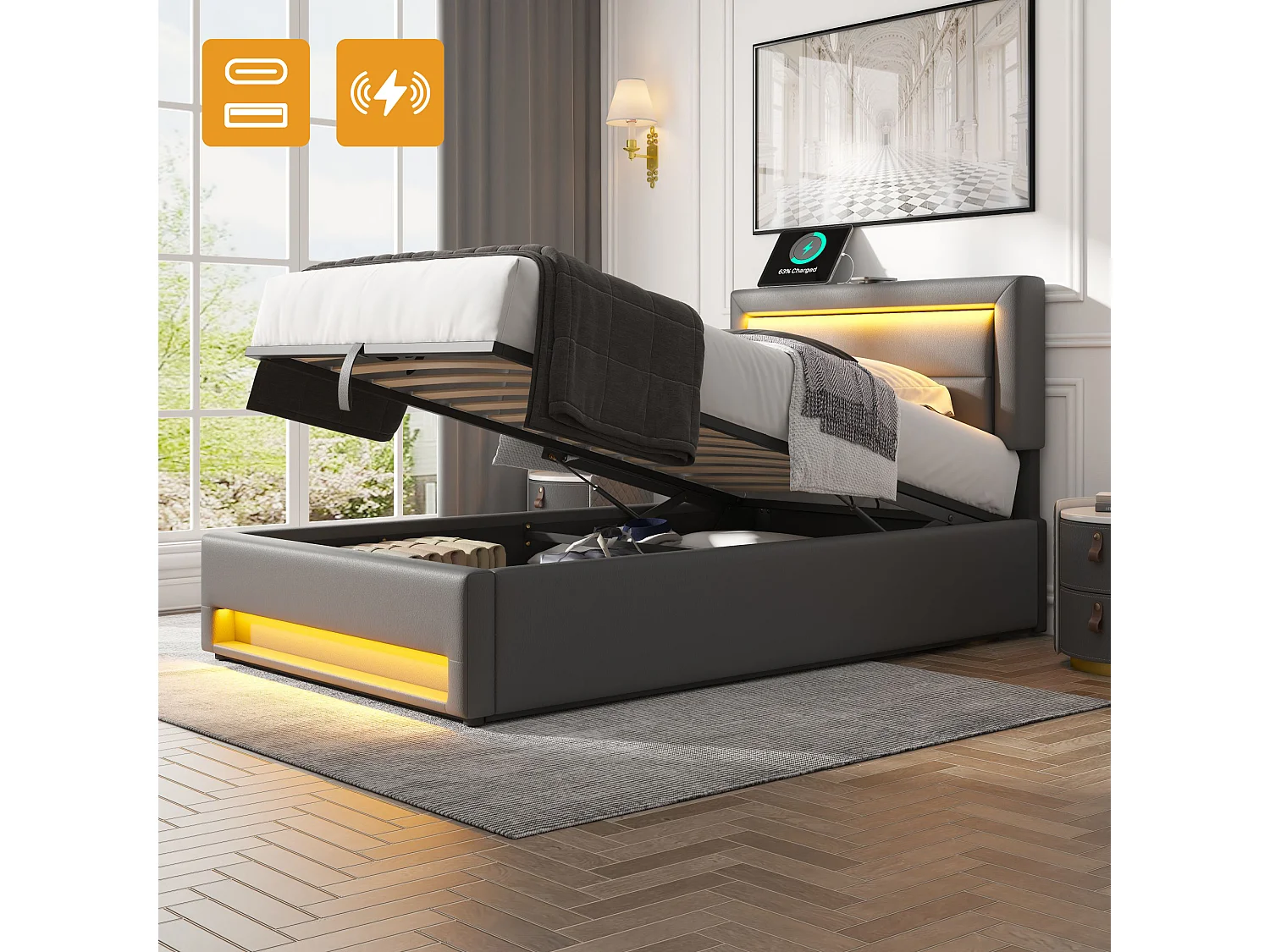 Łóżko z pojemnikiem 90 x 190 cm i zagłówkiem - diody LED i porty USB - skóra ekologiczna - kolor szary (bez materaca) 3957733 - obrazek 1