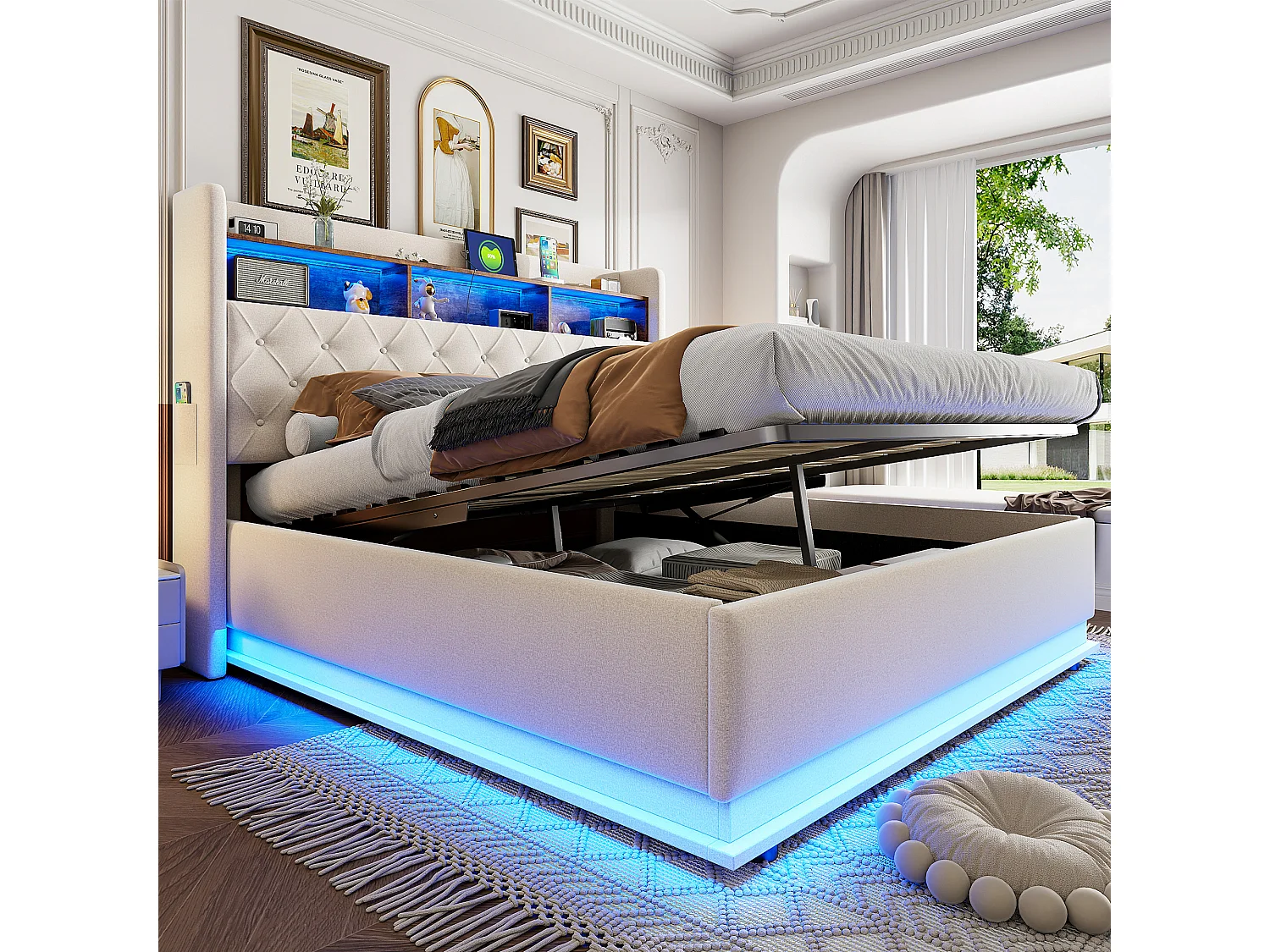 Łóżko z pojemnikiem 180 x 200 cm i zagłówkiem ze schowkiem - ładowanie przez USB i diody LED - tkanina lniana - beż 3957725 - obrazek 1