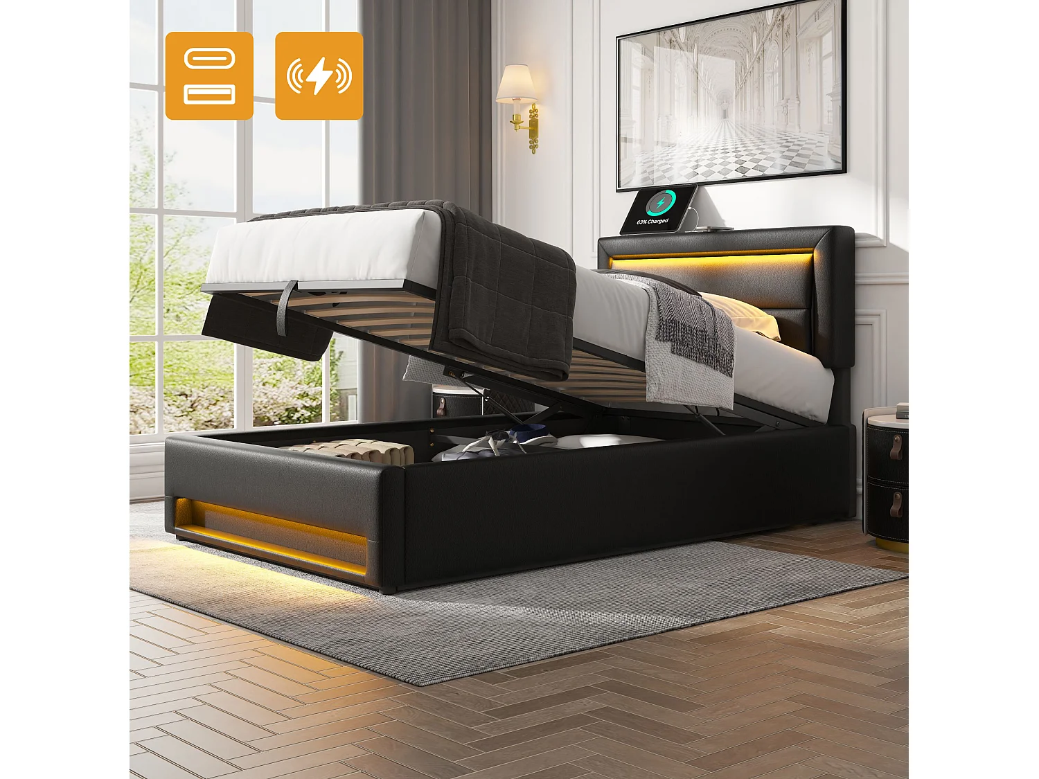 Łóżko z pojemnikiem 90 x 190 cm i zagłówkiem - diody LED i gniazda USB - skóra ekologiczna - kolor czarny (bez materaca) 3957744 - obrazek 1
