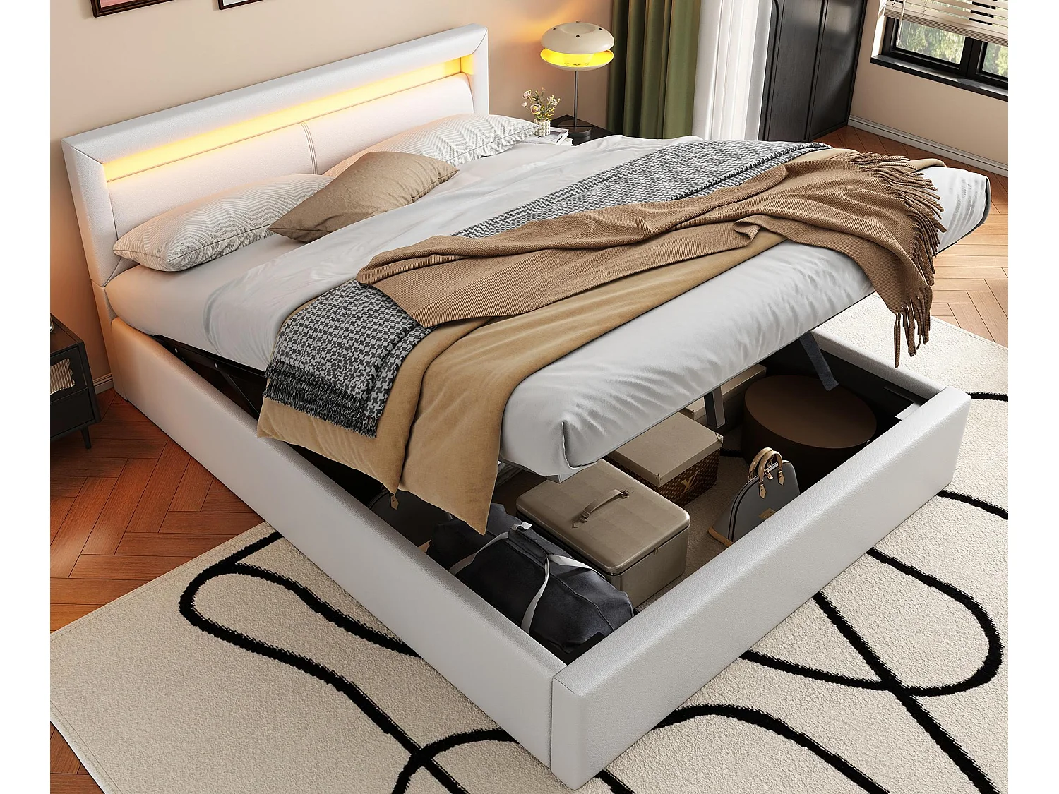Łóżko ze schowkiem z diodą LED 140x200cm - z imitacji skóry - Białe 1399121 - obrazek 1