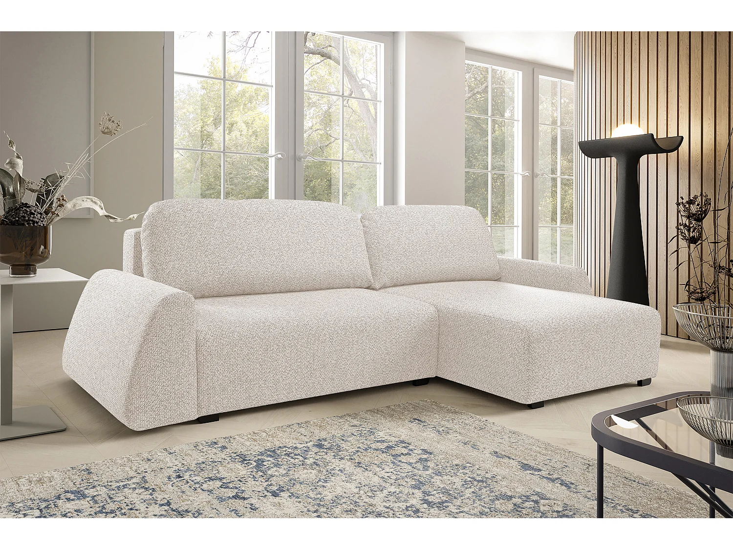DomoHome narożnik ALMI 160x275 cm, funkcja spania, pojemnik, sprężyny, tapicerka, prawy bok, beżowy 4022817 - obrazek 1