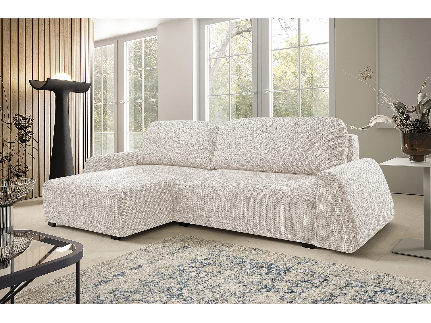 DomoHome narożnik ALMI 160x275 cm, funkcja spania, pojemnik, sprężyny, tapicerka, lewy bok, beżowy 4022837 - obrazek 1