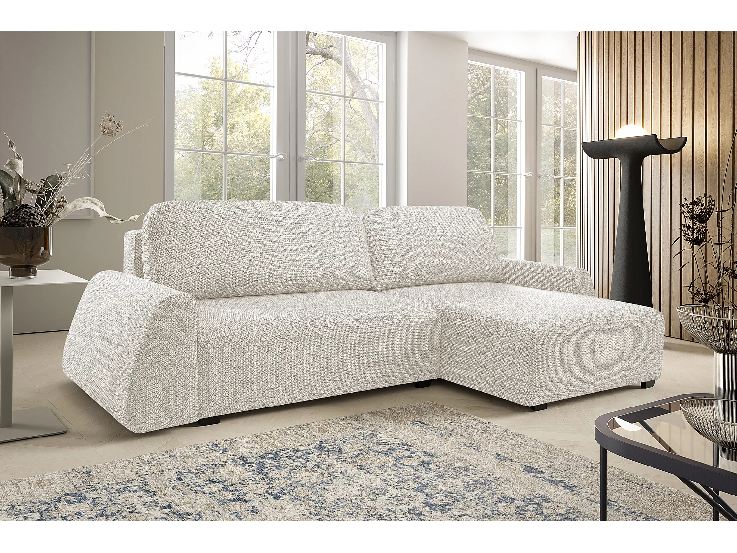 DomoHome narożnik ALMI 160×275 cm, funkcja spania, pojemnik, sprężyny, tapicerka, prawy bok, biały 4022880