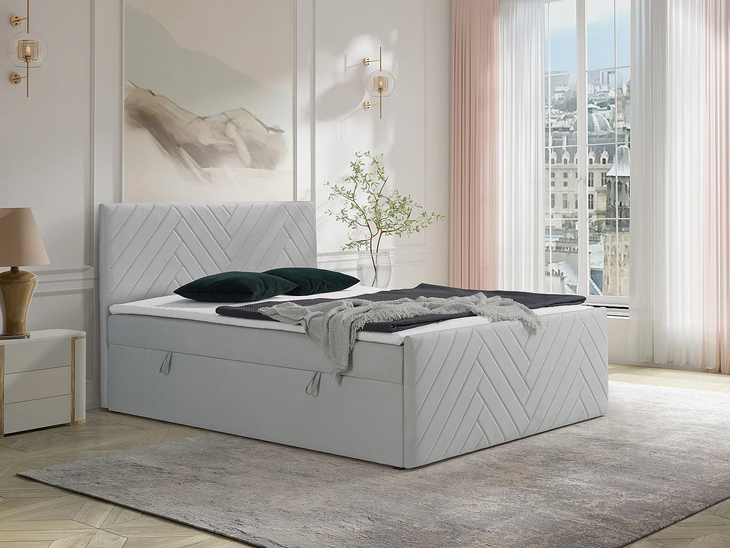Zestaw do sypialni ozdobny zagłówek + stelaże ze skrzynią + materace + nakładka na materac – 160 x 200 cm – Welur – Jasnoszary – MAKANA marki YSMÉE 3871660