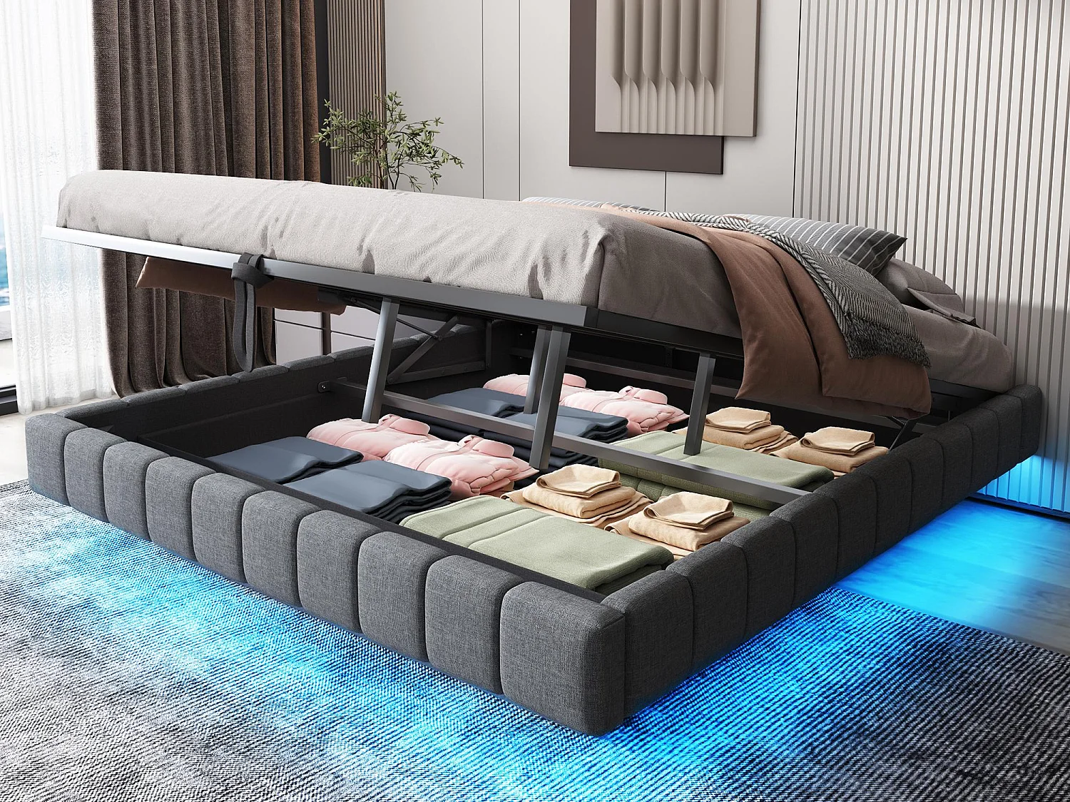 Łóżko z tapicerowanym stelażem 180x200 cm - bez wezgłowia - z oświetleniem LED - len - szary (materac nie jest w zestawie) 4029686 - obrazek 1