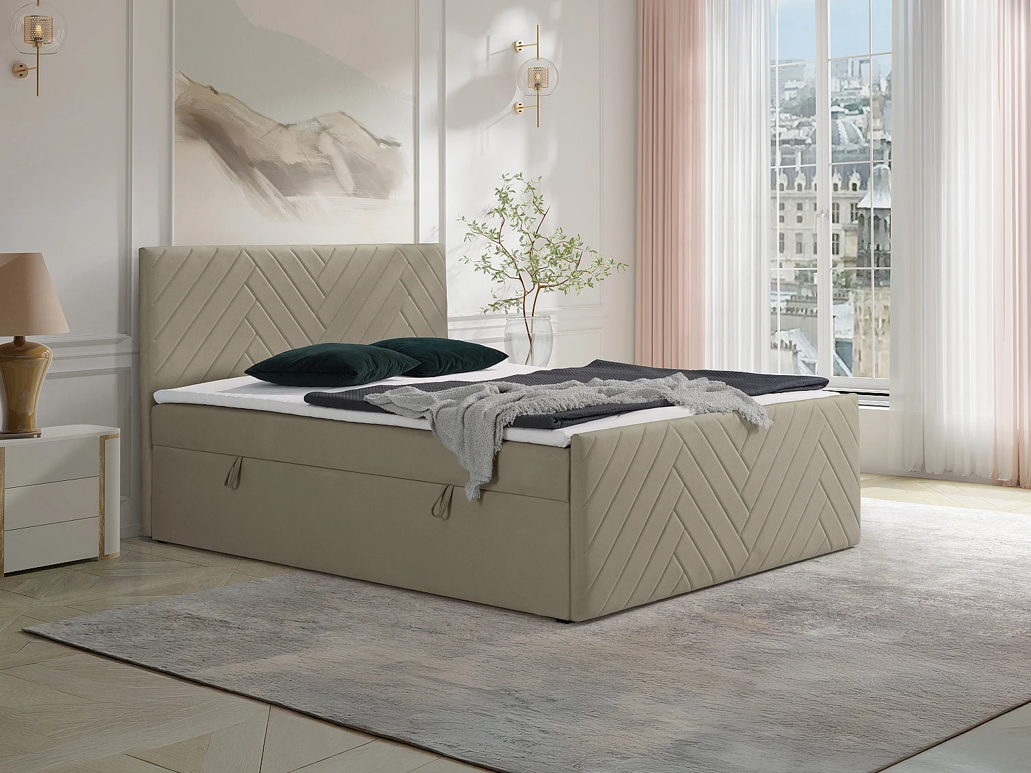 Zestaw do sypialni ozdobny zagłówek + stelaże ze skrzynią + materace + nakładka na materac – 160 x 200 cm – Welur – Taupe – MAKANA marki YSMÉE 3871658