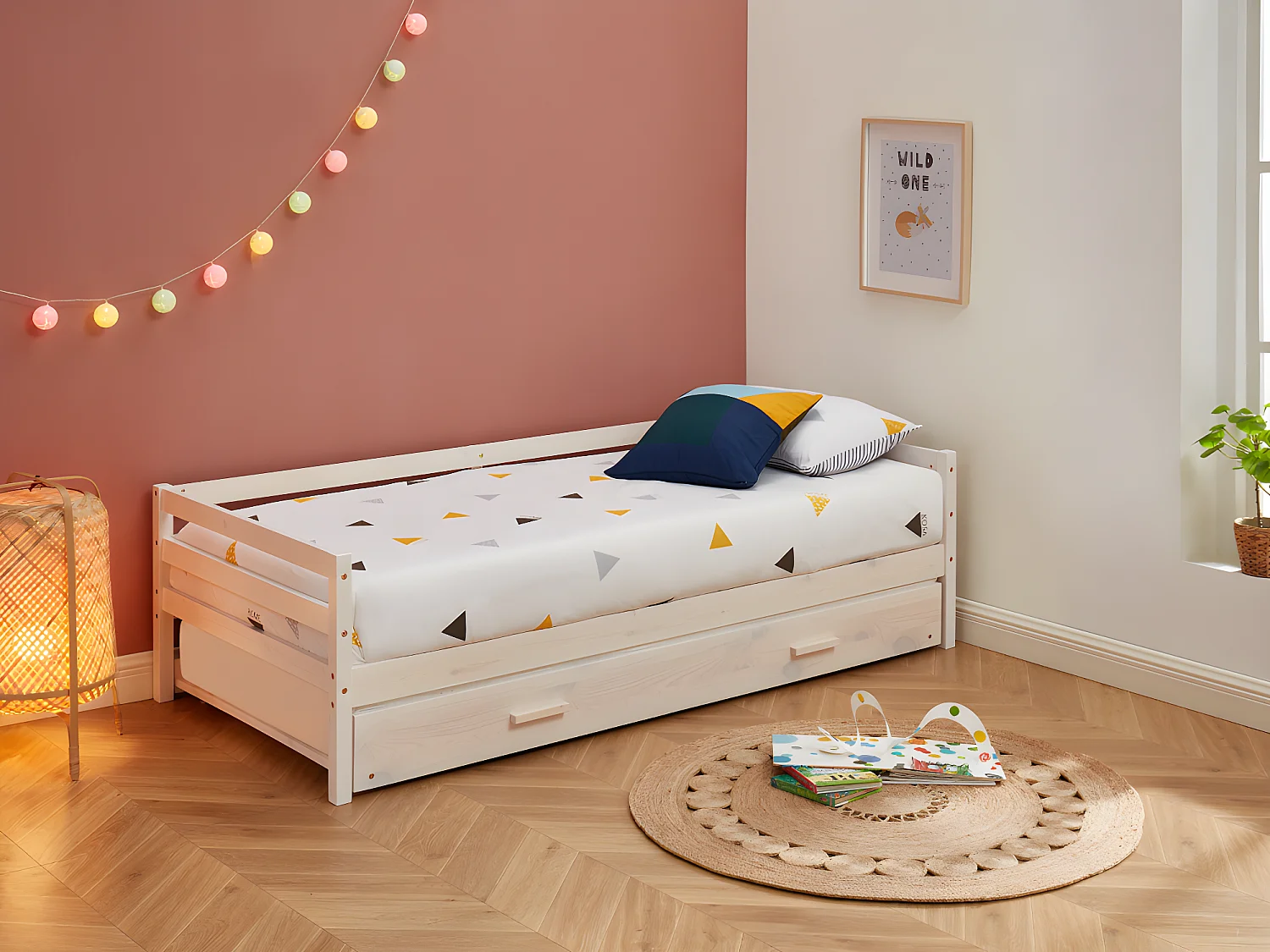 Łóżko wysuwane AEDAN II – 2 × 90 × 190 cm – lite drewno sosnowe i MDF – bielone 126705 - obrazek 1