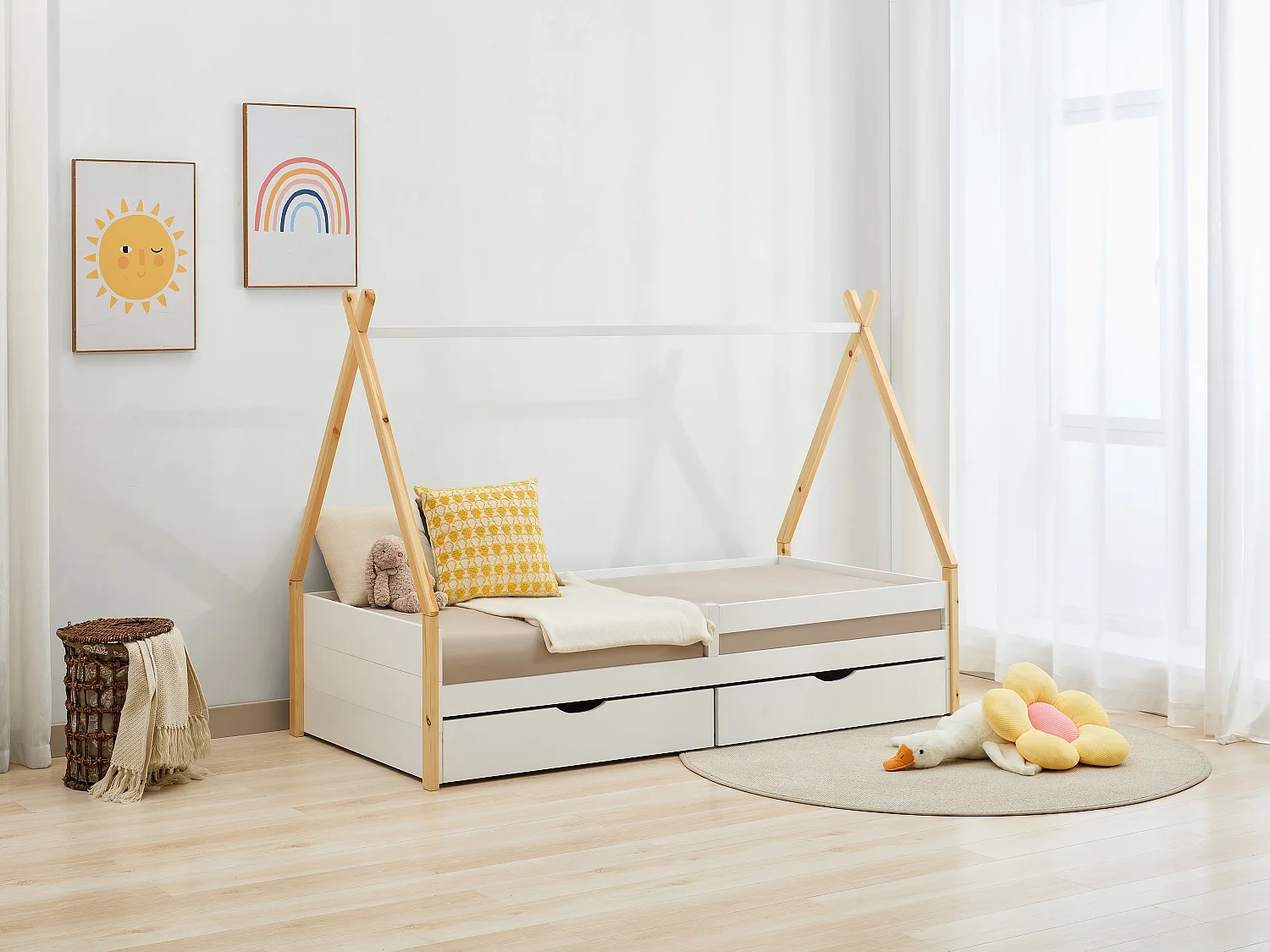 Łóżko tipi 90 x 190 cm z szufladami - Drewno sosnowe i MDF - Biały i naturalny + Materac - LUANCO 4026523 - obrazek 1