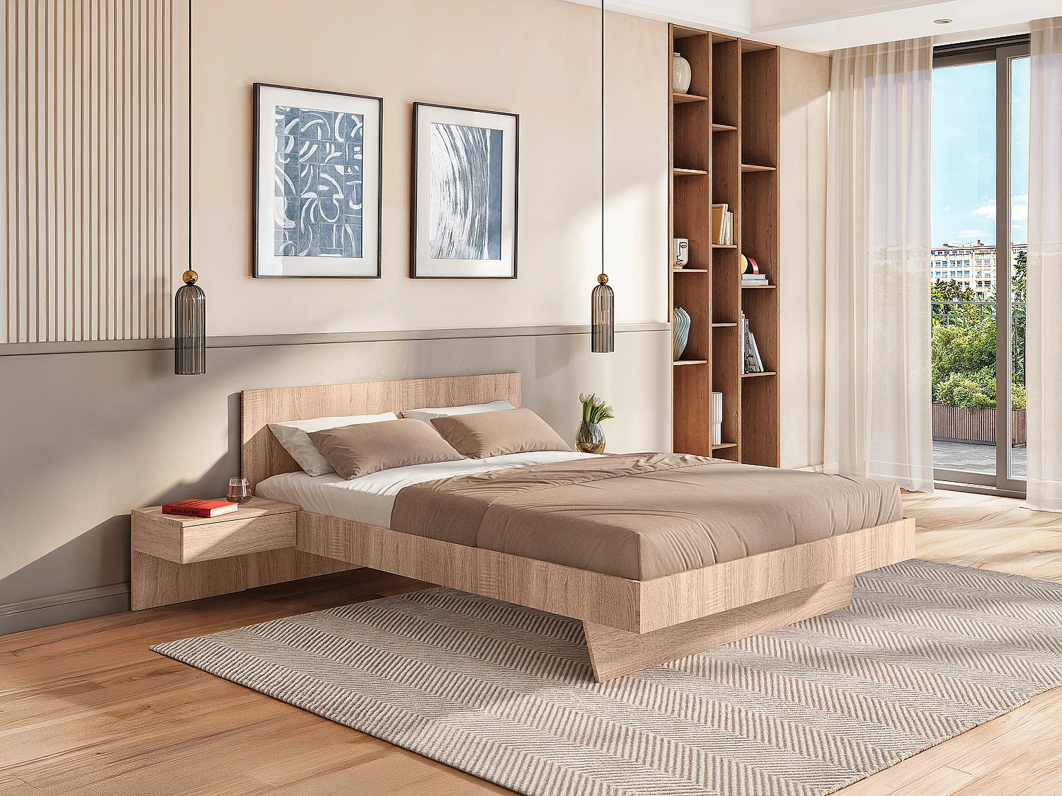 Łóżko z szafkami nocnymi 140 × 190 cm – Kolor: Naturalny + Materac – MARVELLOUS 791461 - obrazek 1