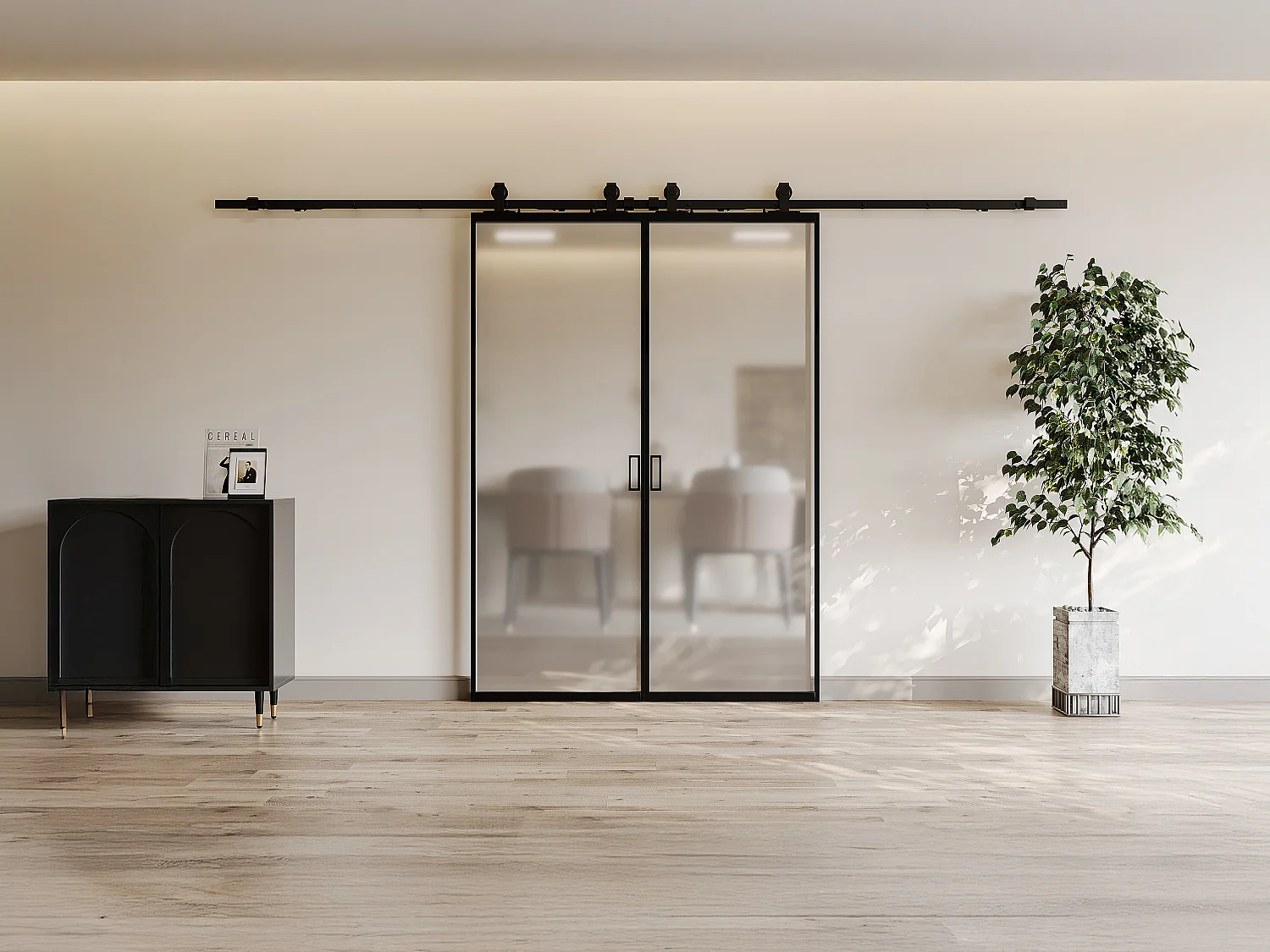 Drzwi przesuwne naścienne podwójne - aluminium i matowe szkło hartowane - 2 x wys. 205 x szer. 93 cm - LINCI II 2891448 - obrazek 1