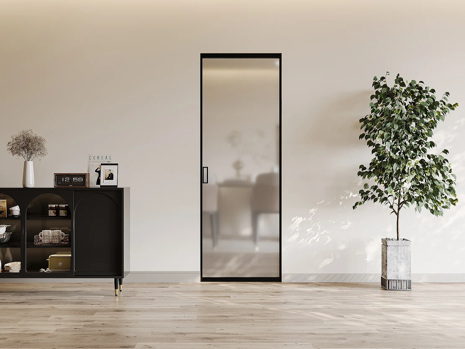 Drzwi przesuwne chowane w ścianie – aluminium i matowe szkło hartowane – wys. 205 x szer. 93 cm – LINCI II 2891449