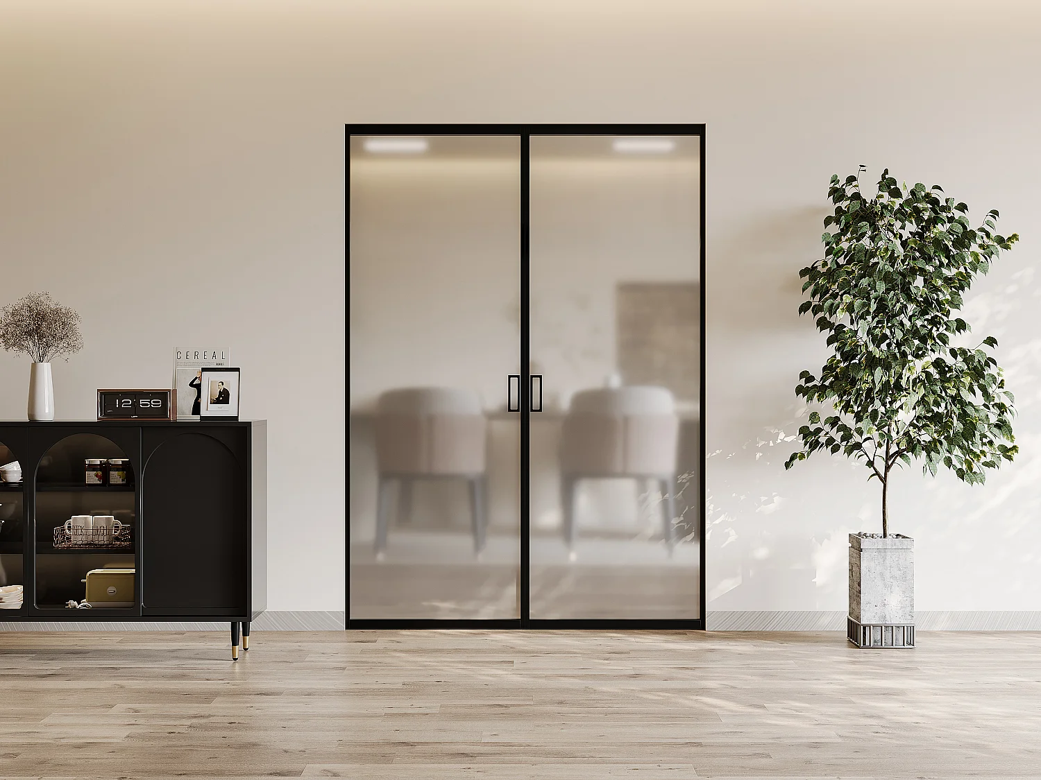 Drzwi przesuwne podwójne chowane w ścianie - aluminium i matowe szkło hartowane - 2 x wys. 205 x szer. 73 cm - LINCI II 3334097 - obrazek 1