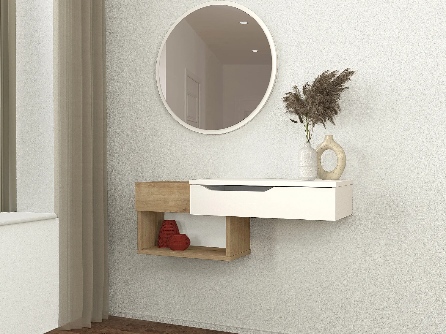 Konsola wisząca z 1 szufladą i z 2 wnękami – Naturalny i biały – DAREKA 3720866