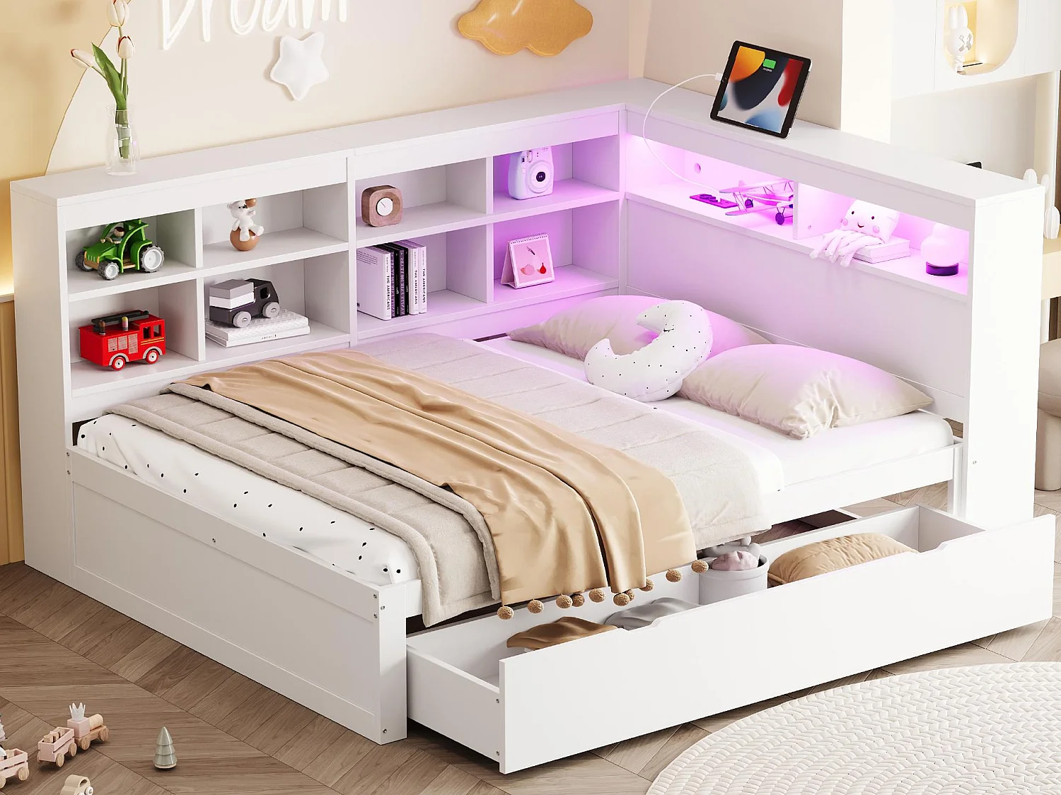 Łóżko z pojemnikiem na pościel z litego drewna 140×200 cm – z LED i gniazdami USB – Białe 3780525