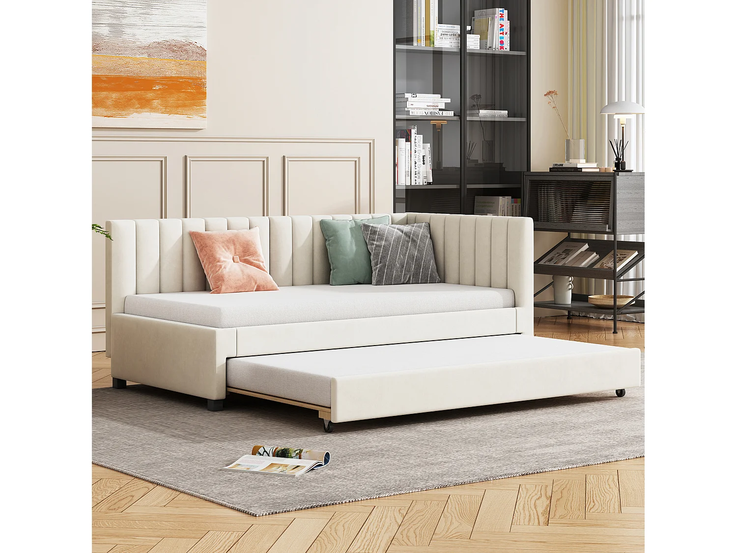 Łóżko wysuwane 90 x 190/200 cm – sofa rozkładana welurowa – stelaż listwowy – beż 3094885