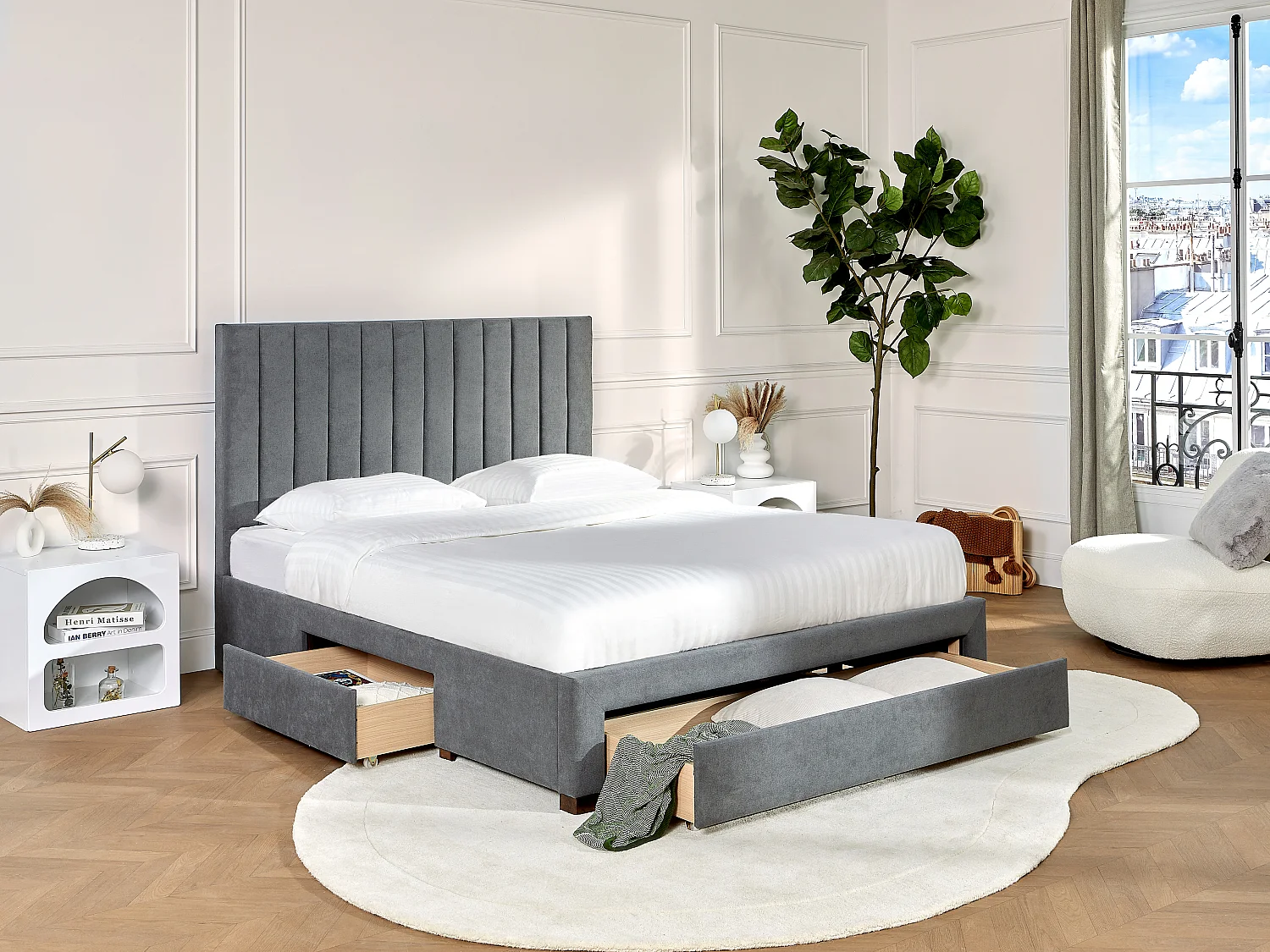 Łóżko z 3 szufladami 160 × 200 cm – Tapicerowane – Szary + Materac – LIAKO 996973 - obrazek 1