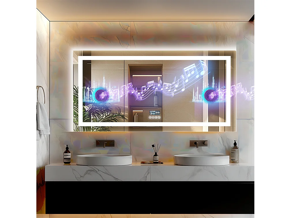 Lustro łazienkowe 140x70cm LED regulowane + przeciwmgielne + Bluetooth 5.2 + Zegar + 3 kolory 4 przyciski 3502639 - obrazek 1