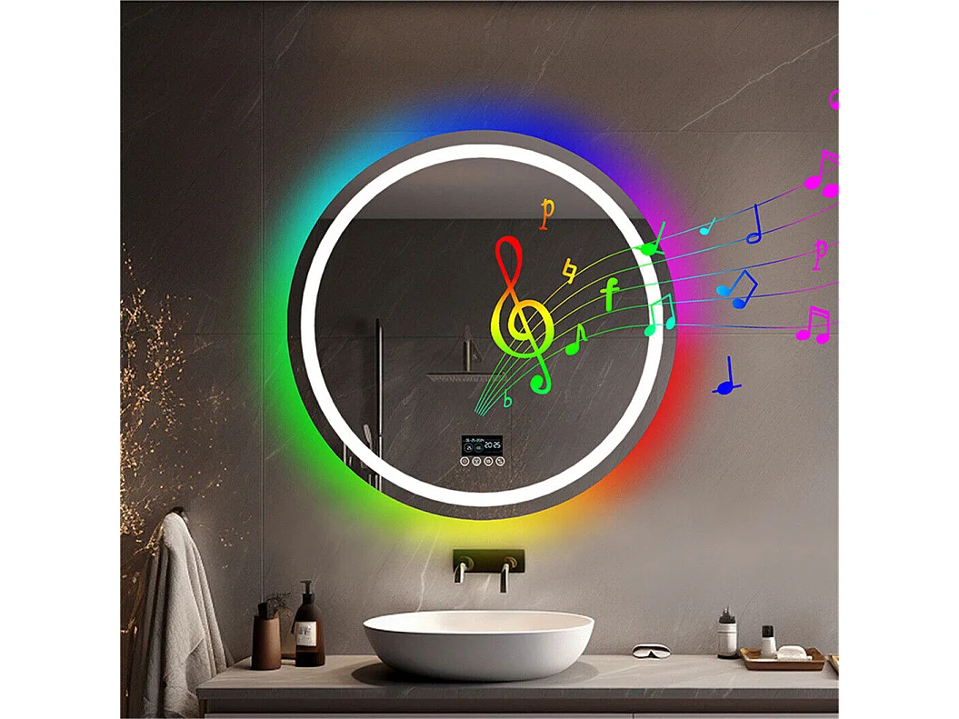 Lustro łazienkowe 80x80cm RGB i LED regulowane + przeciwmgielne + Bluetooth 5.2 + Zegar + 3 kolory 4 przyciski 3502641 - obrazek 1