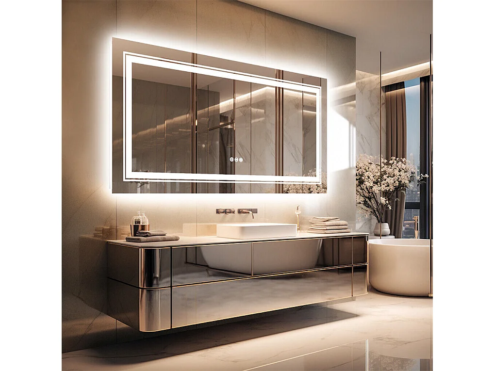 Lustro łazienkowe LED 100x60cm przeciwmgielne 3 regulowane kolory IP67 lustro podłączone z wtyczką 2166939 - obrazek 1