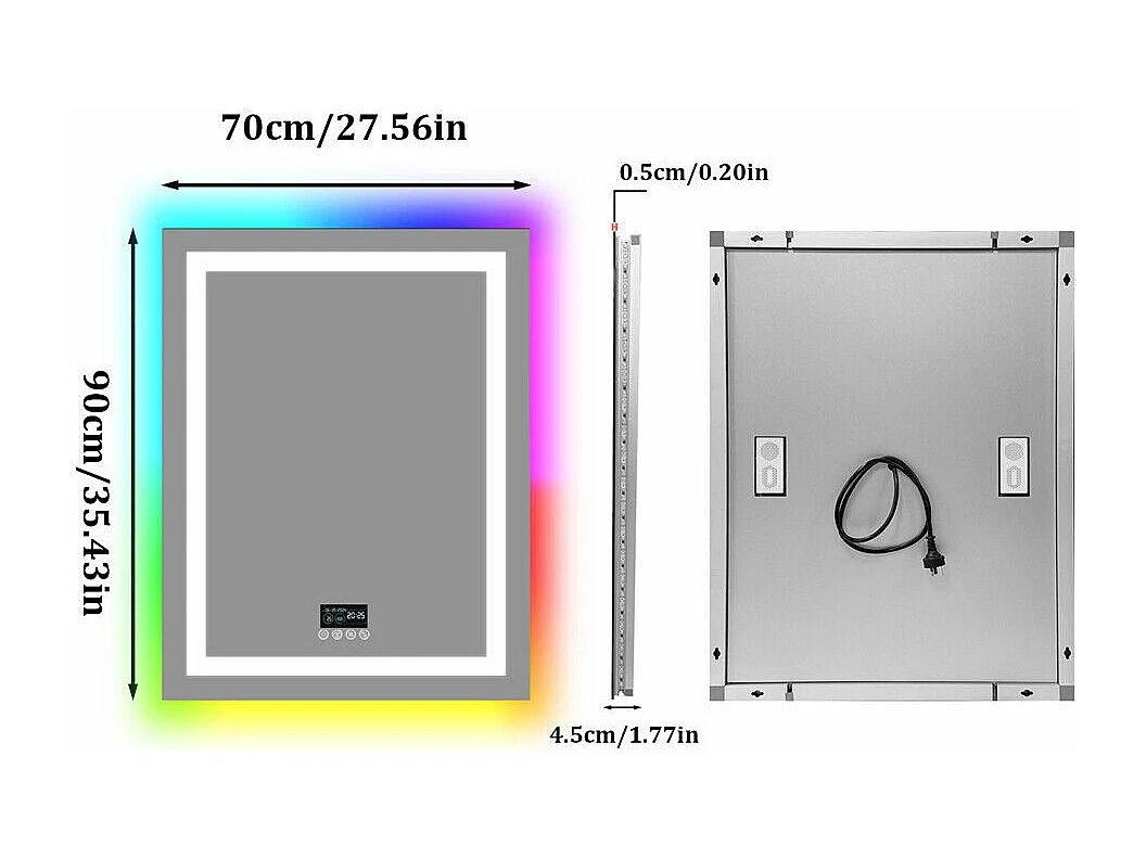Lustro łazienkowe 90x70cm RGB i LED regulowane + przeciwmgielne + Bluetooth 5.2 + Zegar + 3 kolory 4 przyciski 3502638 - obrazek 1
