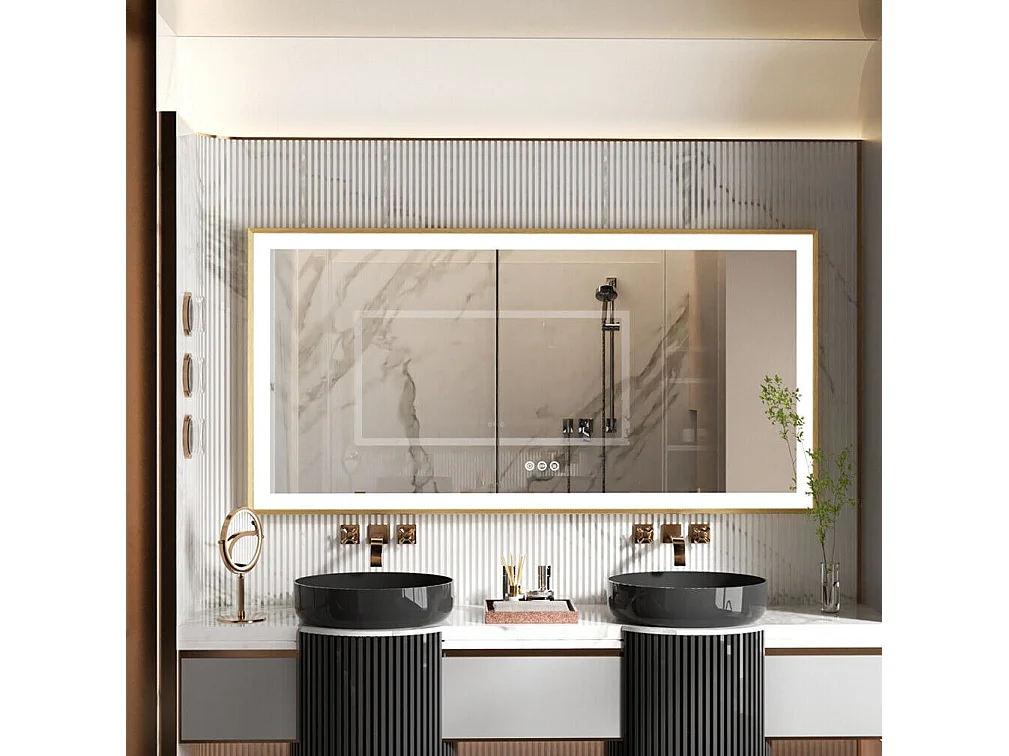 Lustro łazienkowe prostokątne LED 120x60cm regulowane 3-kolorowe podświetlane lustro ze złotą ramą 120x60x4cm 3164934 - obrazek 1