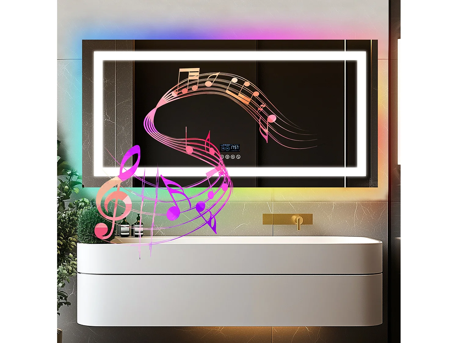 Lustro łazienkowe 140x70cm RGB i LED regulowane + przeciwmgielne + Bluetooth 5.2 + Zegar + 3 kolory 4 przyciski 3502643