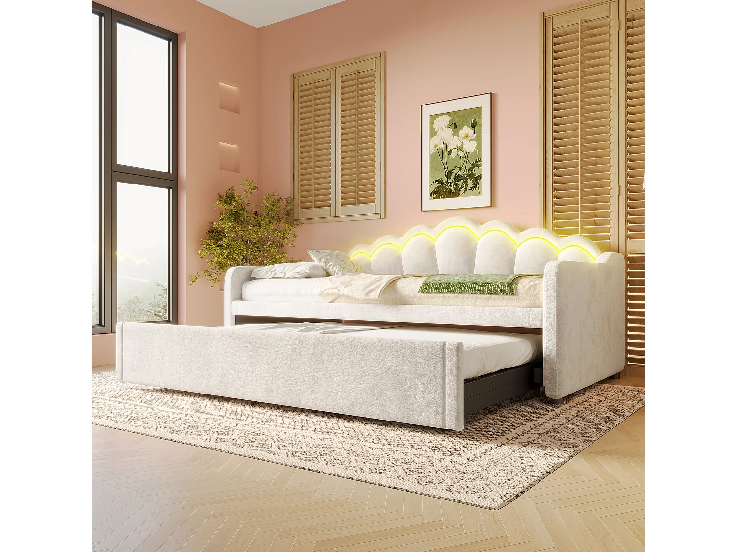 łóżko wysuwane – 90/180 x 200 cm – sofa rozkładana z LED-ami – bez materaca – aksamit + MDF – beż 4098955