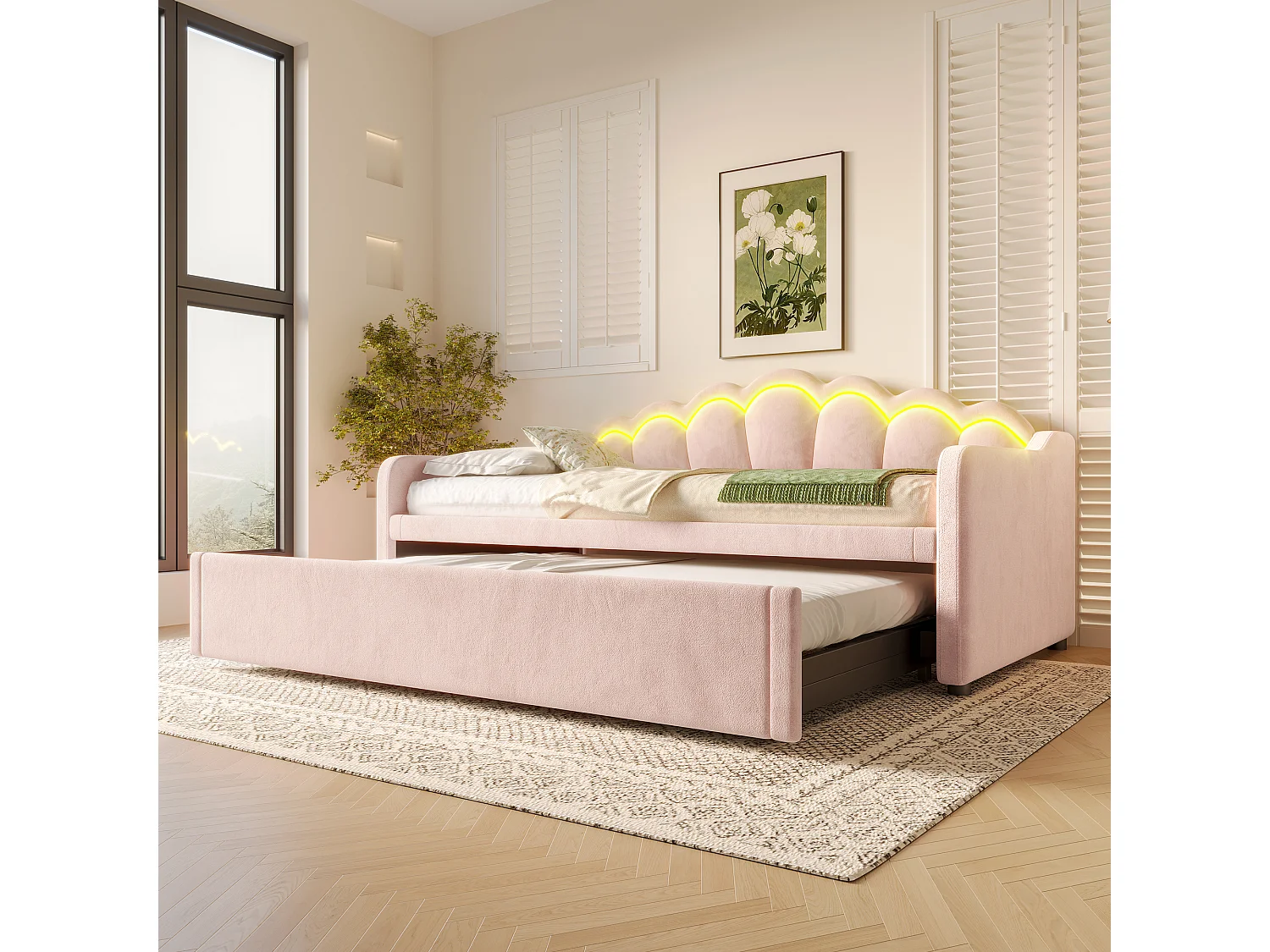 łóżko wysuwane – 90/180 x 200 cm – sofa rozkładana z LED-ami – bez materaca – aksamit + MDF – różowy 4098960