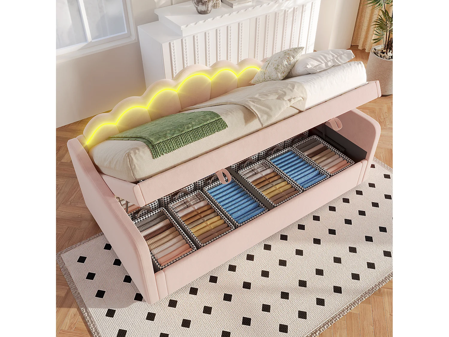łóżko z pojemnikiem - 90 x 200 cm - sofa rozkładana z LED-ami - bez materaca - aksamit + MDF - różowy 4098962 - obrazek 1